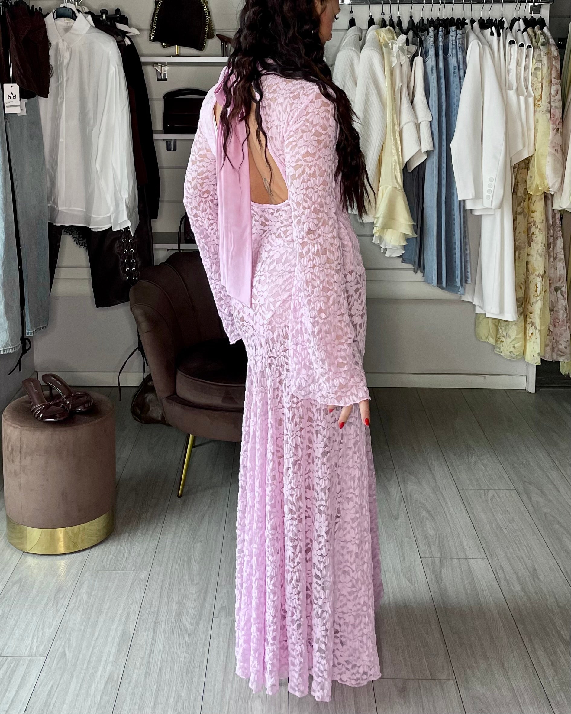 Abito lungo secondskin in pizzo rosa Lumina