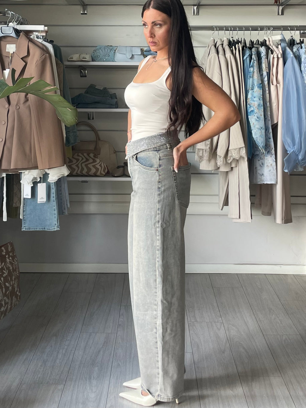 Jeans Bustier wide balloon con strass