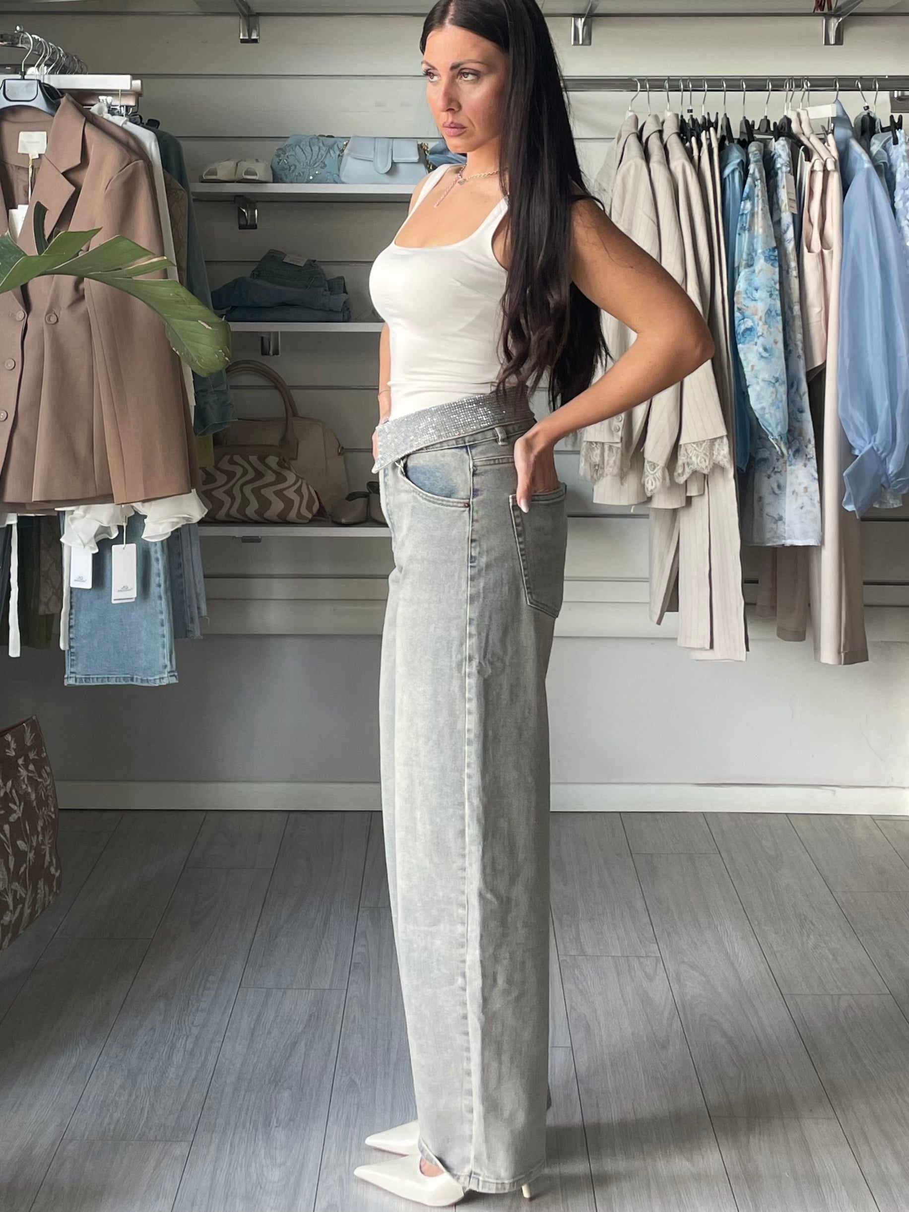 Jeans Bustier wide balloon con strass