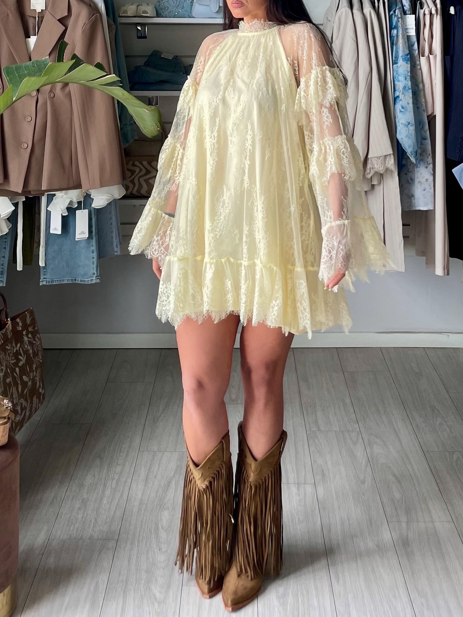 minidress in tulle e pizzo giallo