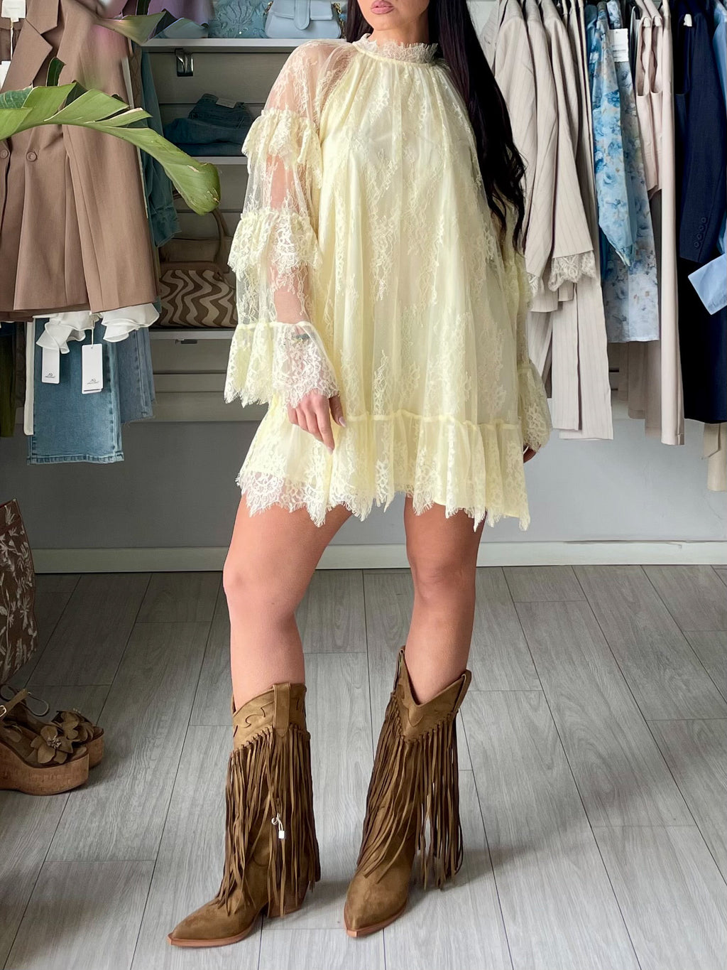 minidress in tulle e pizzo giallo