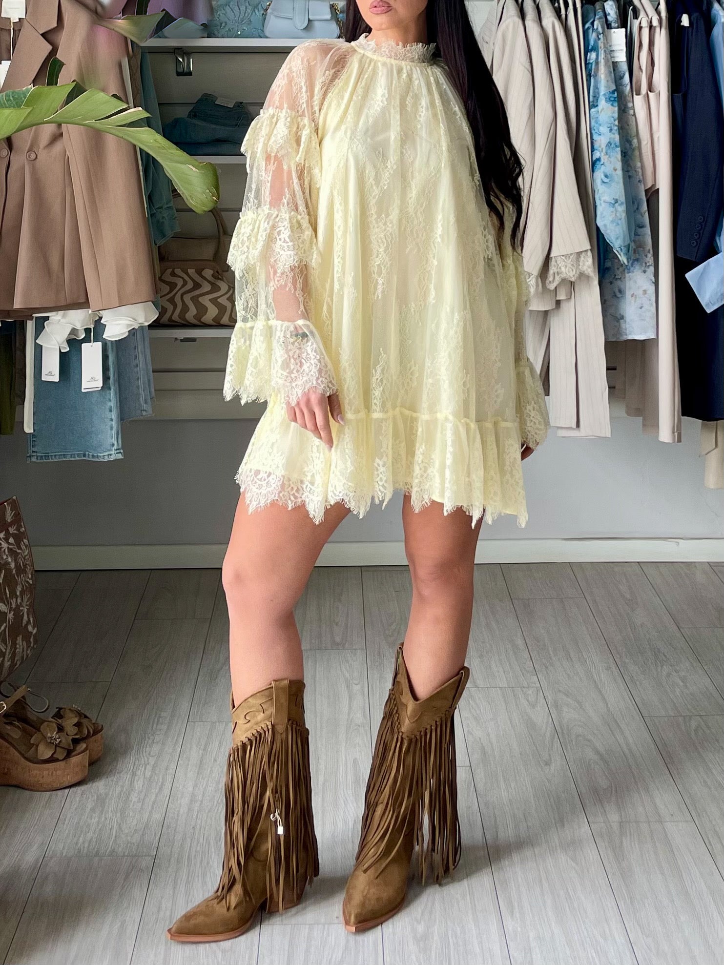 minidress in tulle e pizzo giallo