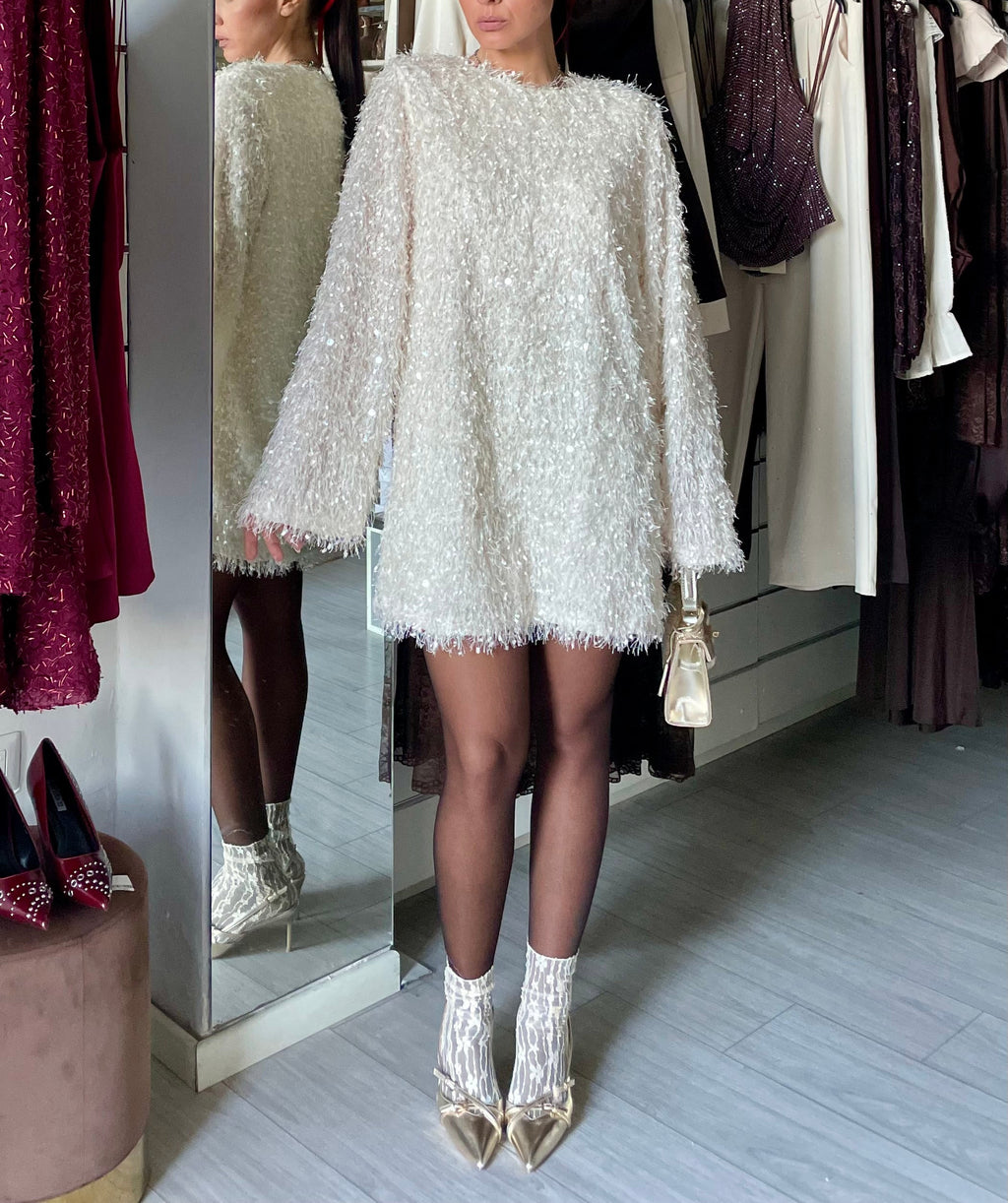 PLUMES mini abito con micro paillettes gold