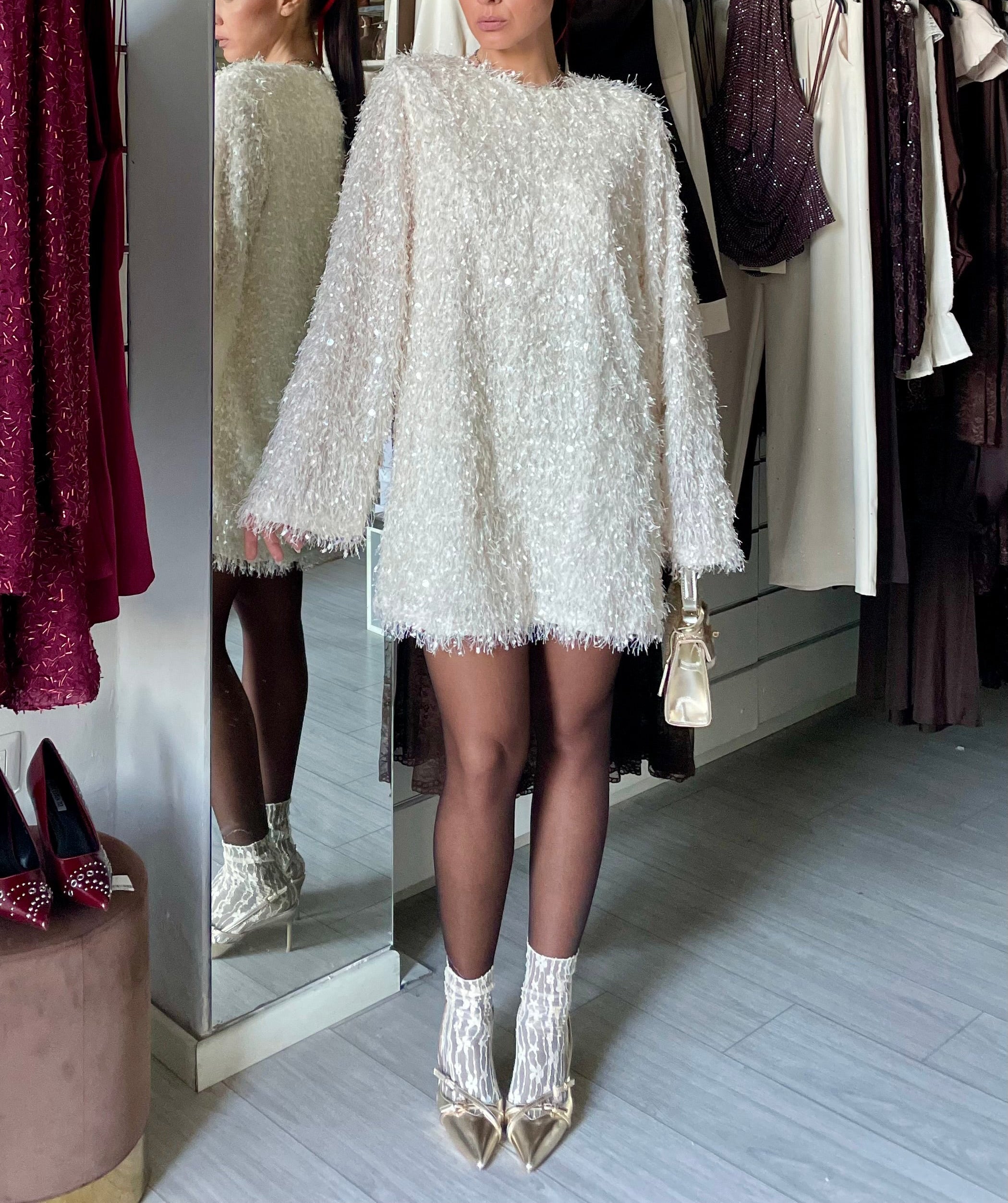 PLUMES mini abito con micro paillettes gold