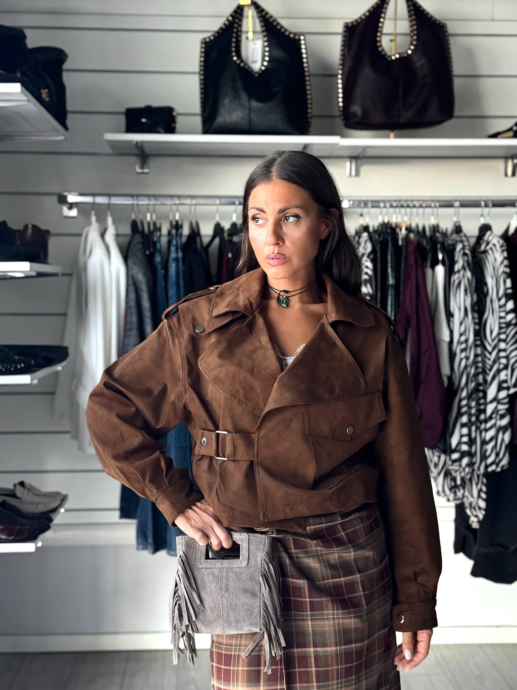 Giacca crop scamosciata Brown