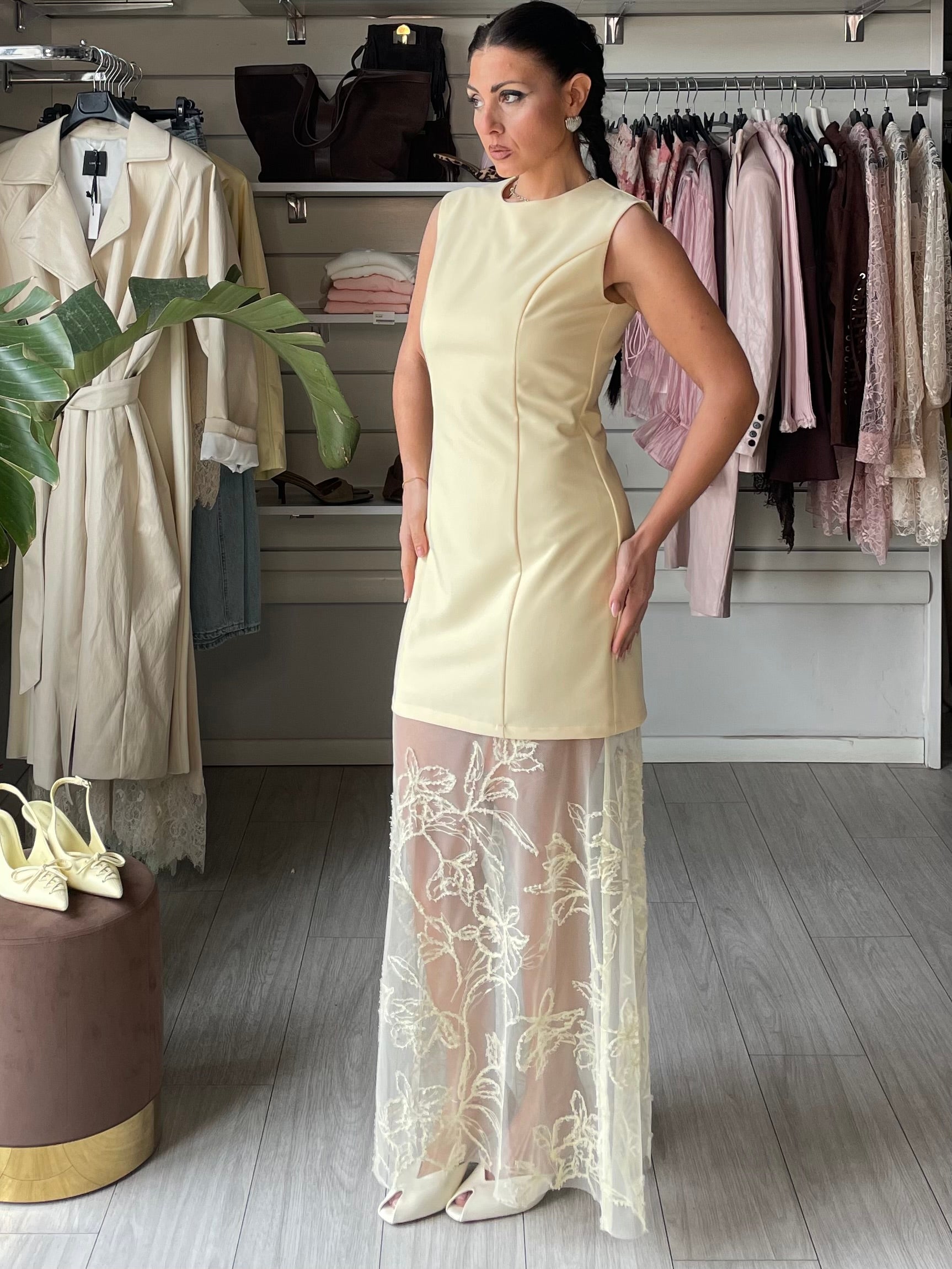 Abito a tubino combinato in pizzo yellow butter Lumina