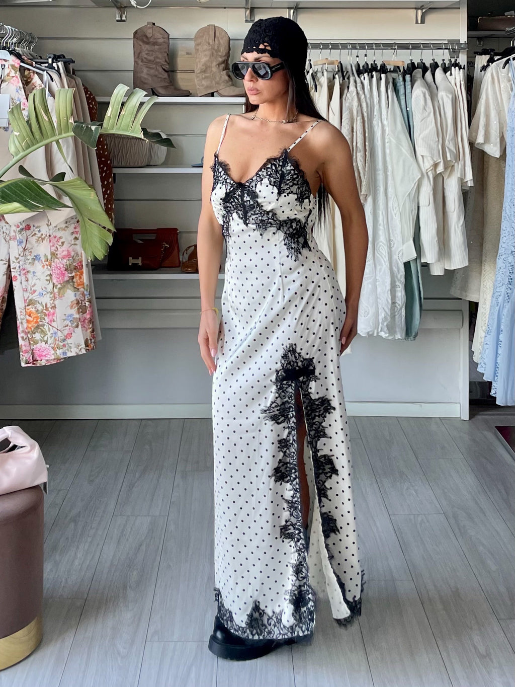 Slip Dress con ricami a pois bianco