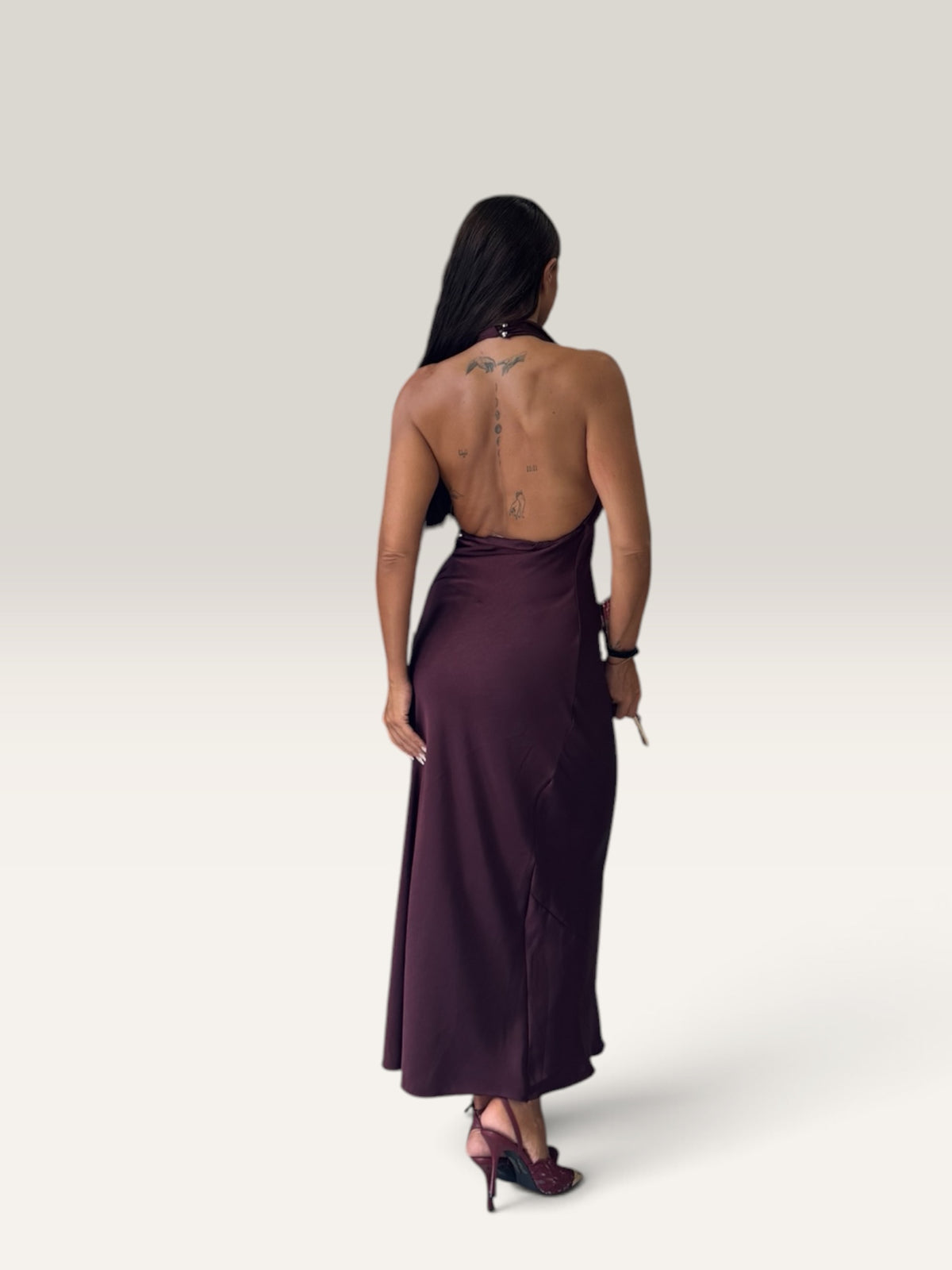 Abito satinato scollo halter Bordeaux