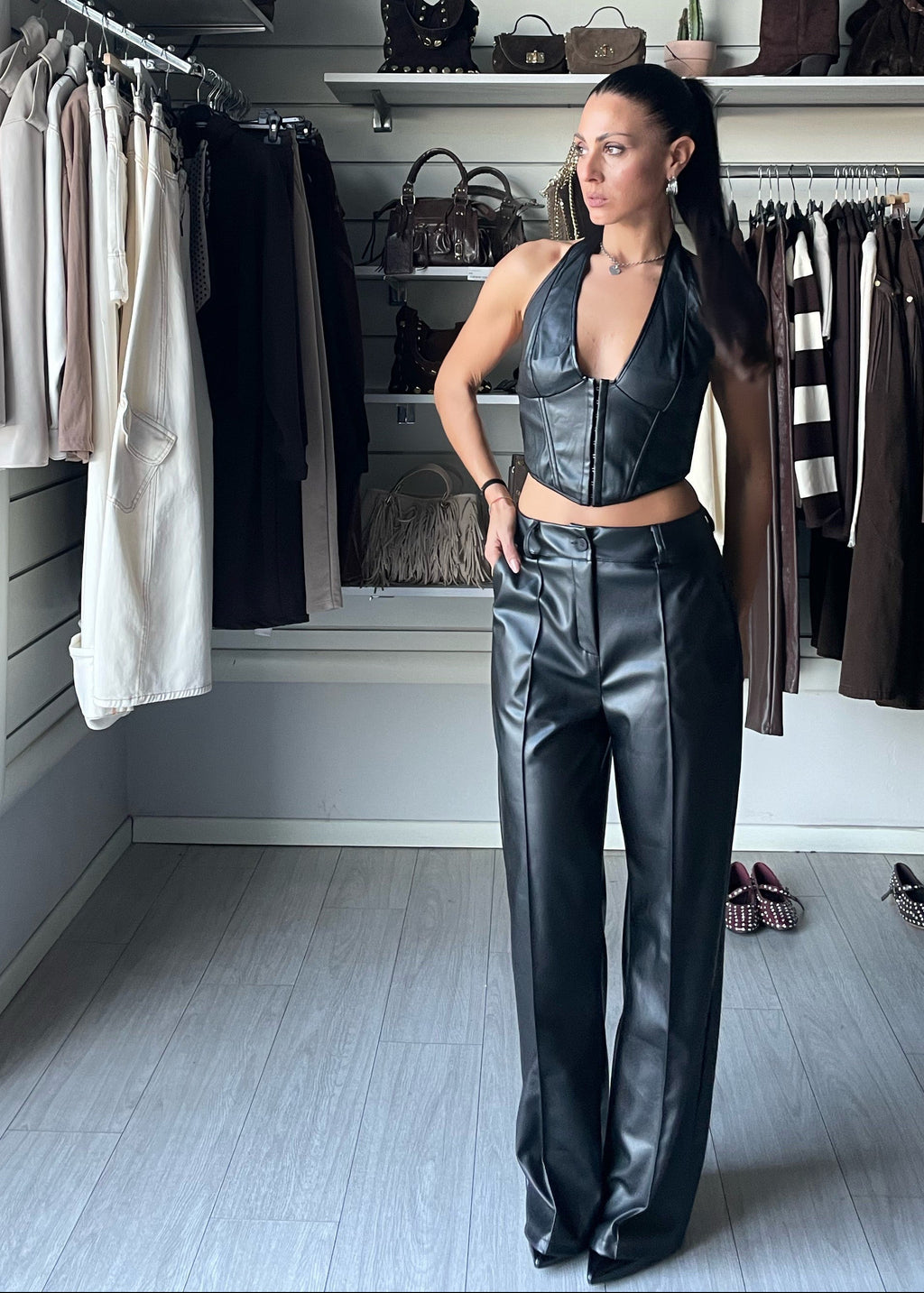 PANTALONE WIDE LEG IN ECOPELLE BLACK