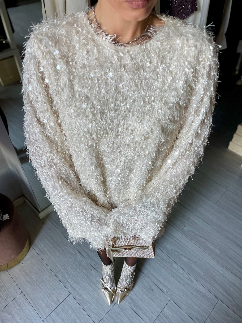 PLUMES mini abito con micro paillettes gold