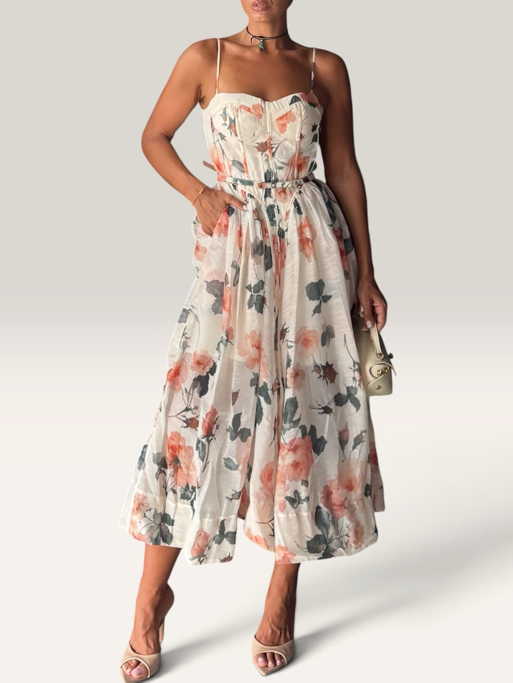 Abito Midi a ruota floreale beige