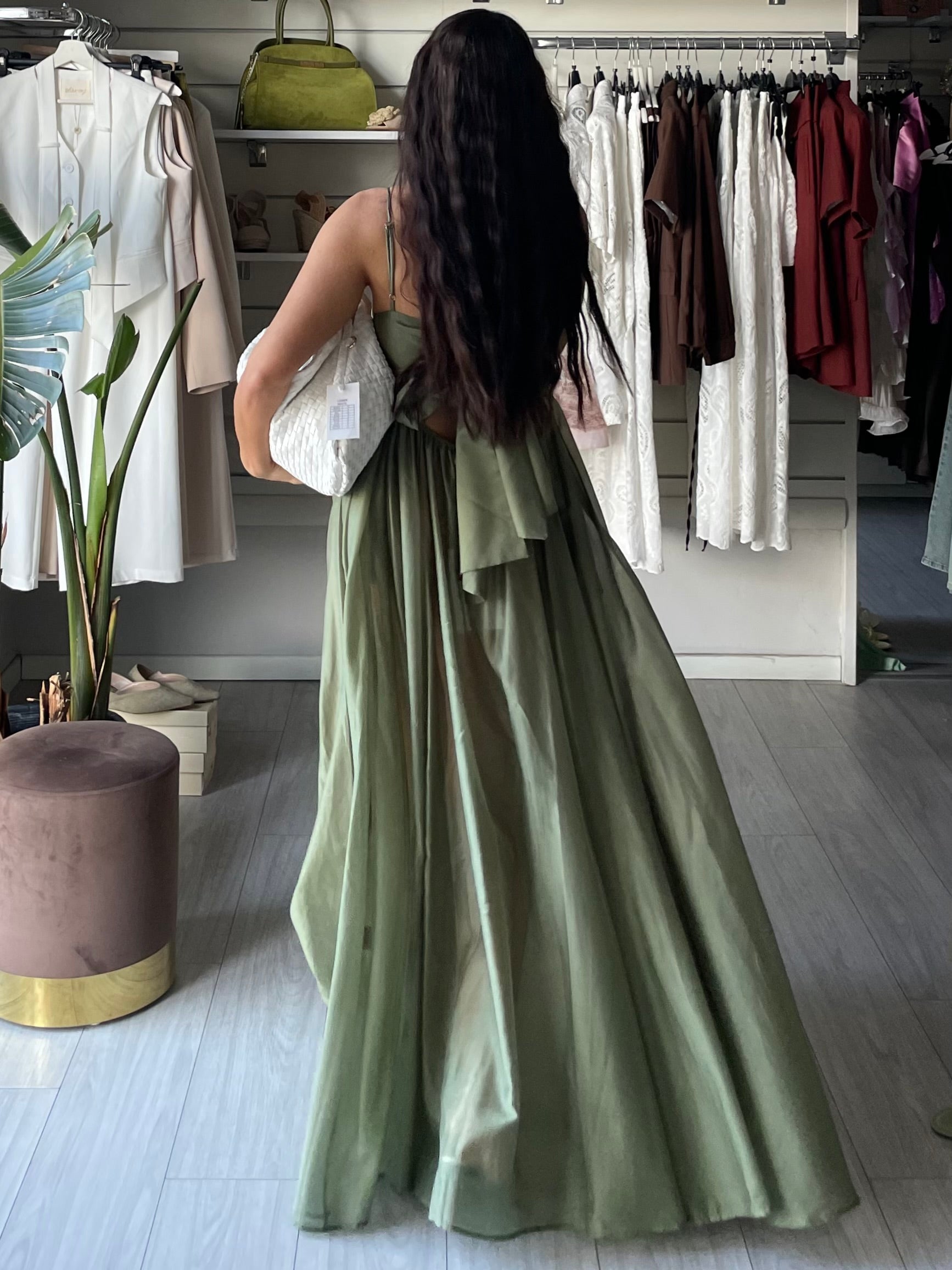 Abito lungo con fiocco Lumina verde militare
