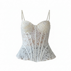 Corsetto in pizzo floreale bianco con perle