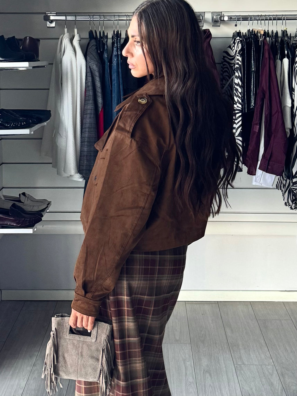 Giacca crop scamosciata Brown