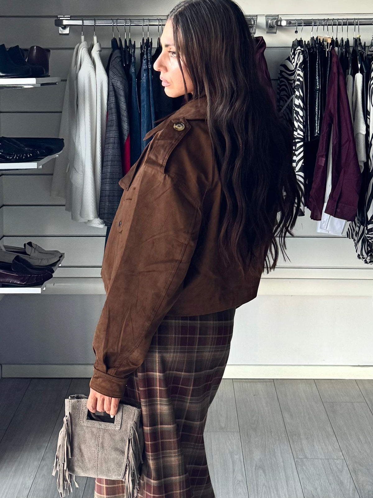 Giacca crop scamosciata Brown