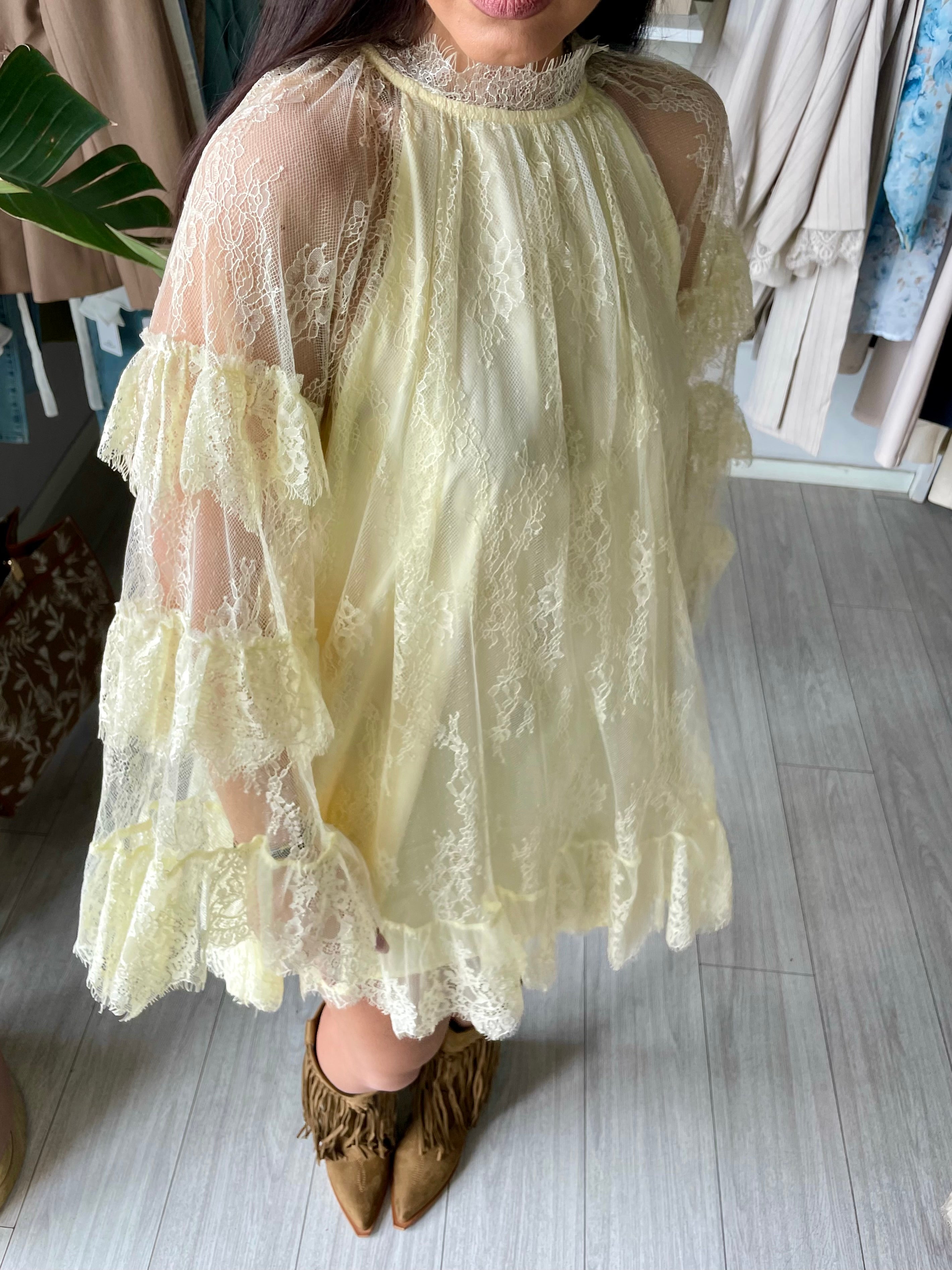 minidress in tulle e pizzo giallo