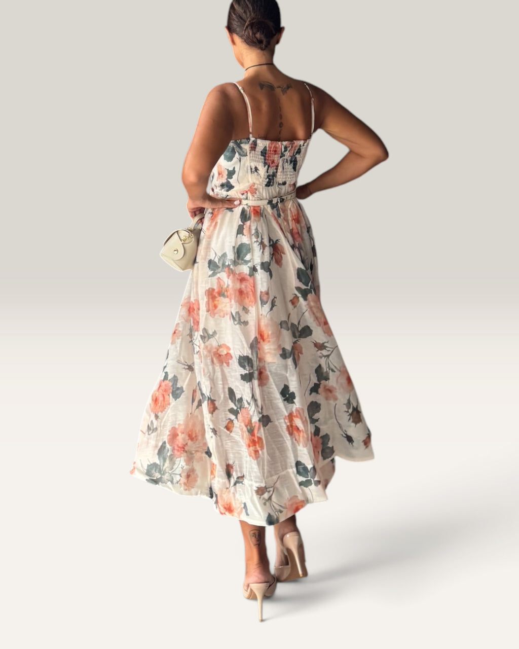 Abito Midi a ruota floreale beige