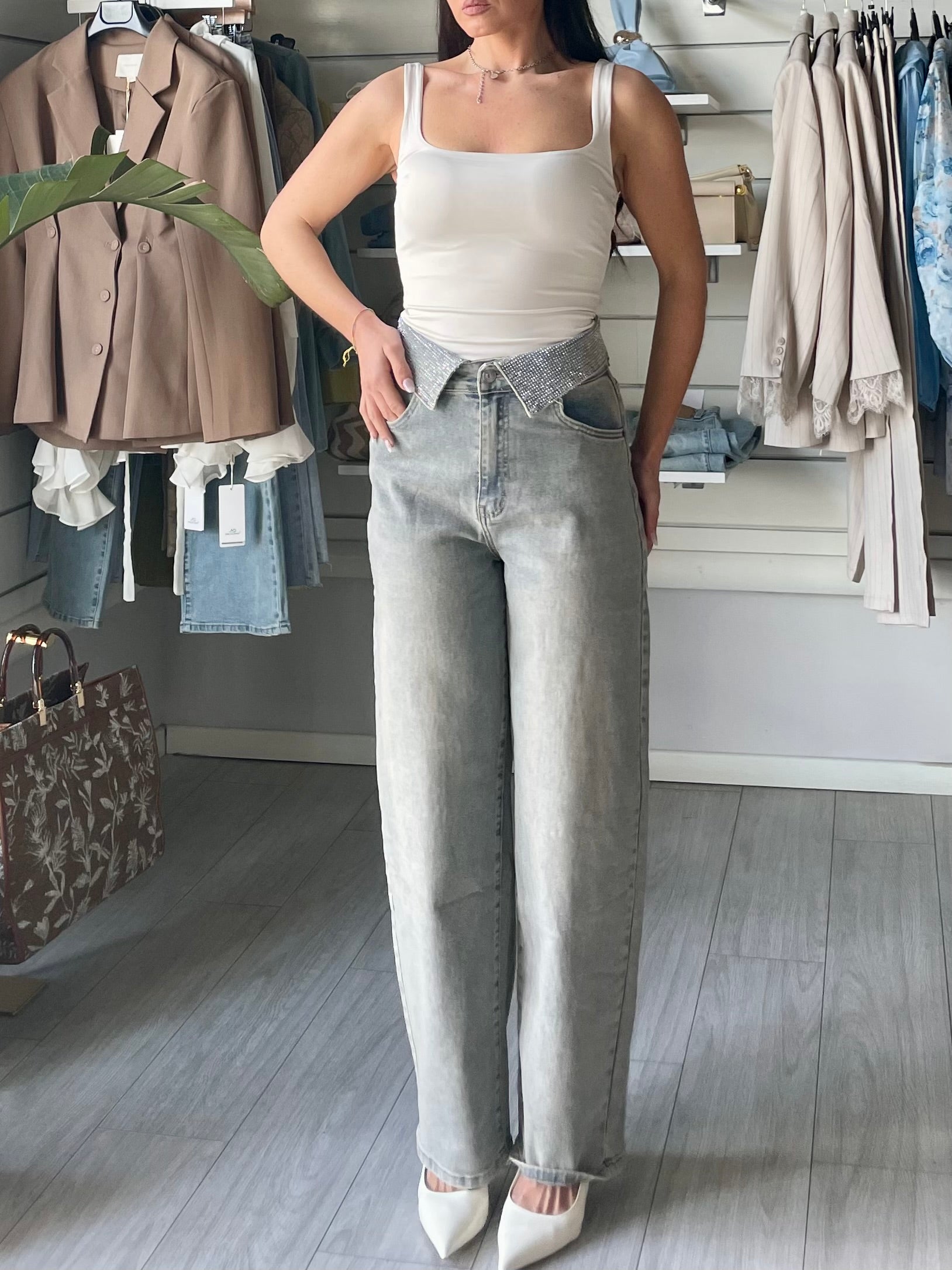 Jeans Bustier wide balloon con strass