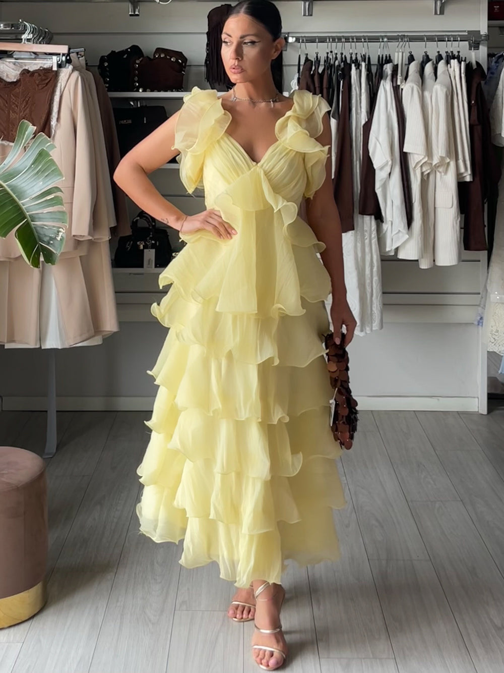 Abito lungo a balze in tulle giallo
