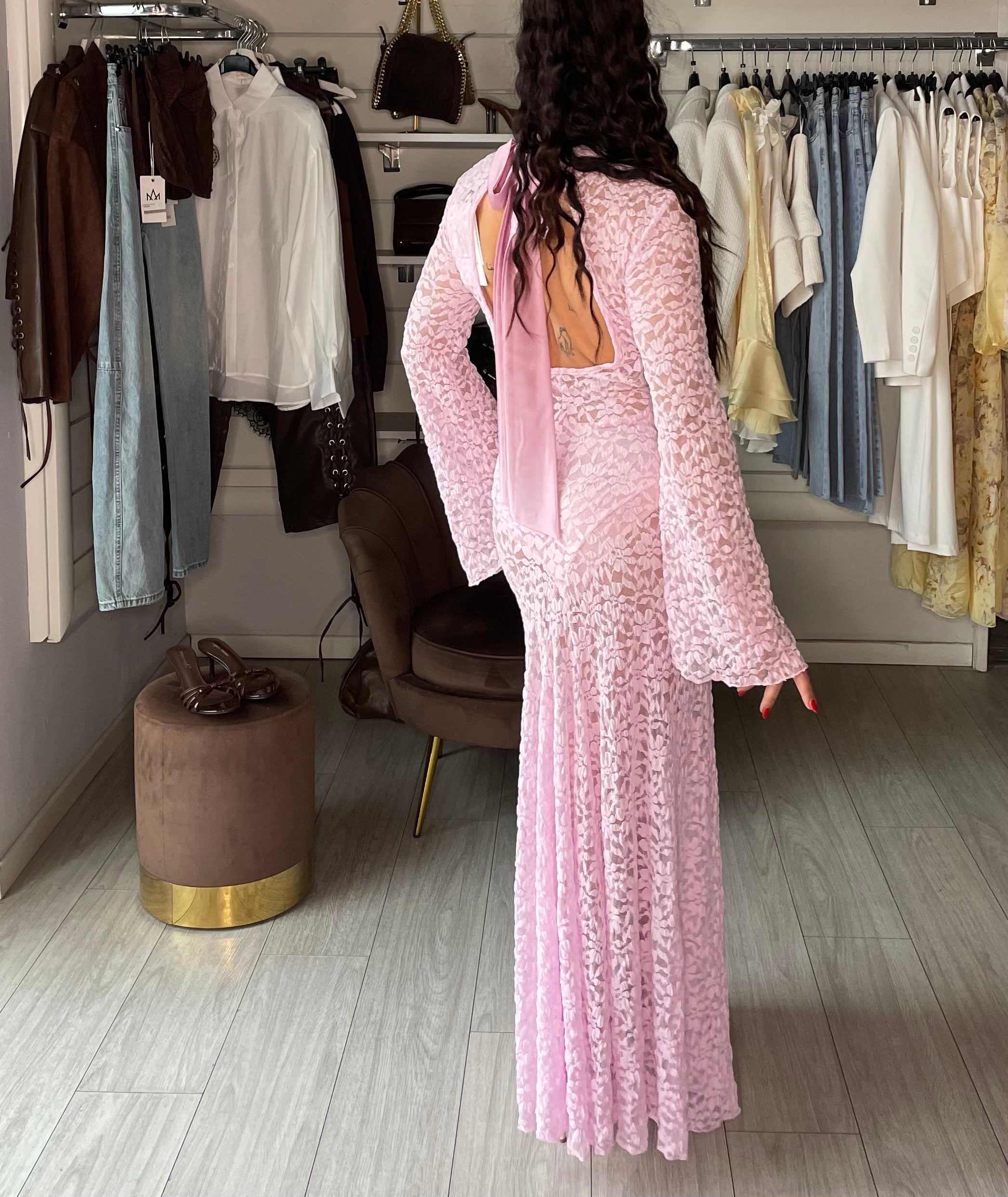 Abito lungo secondskin in pizzo rosa Lumina