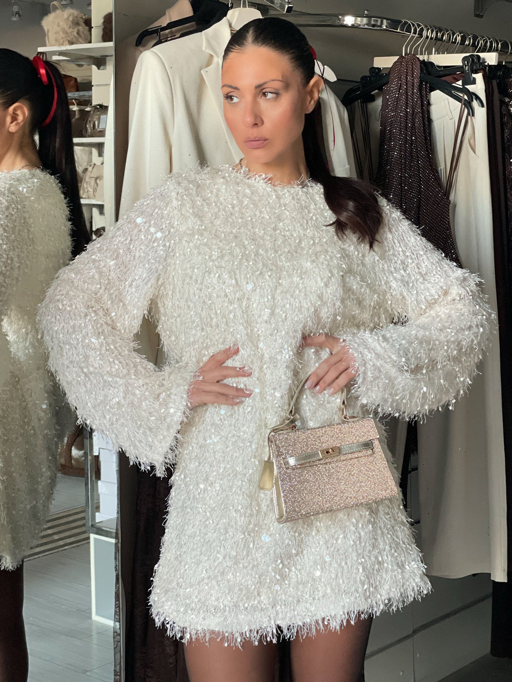 PLUMES mini abito con micro paillettes gold