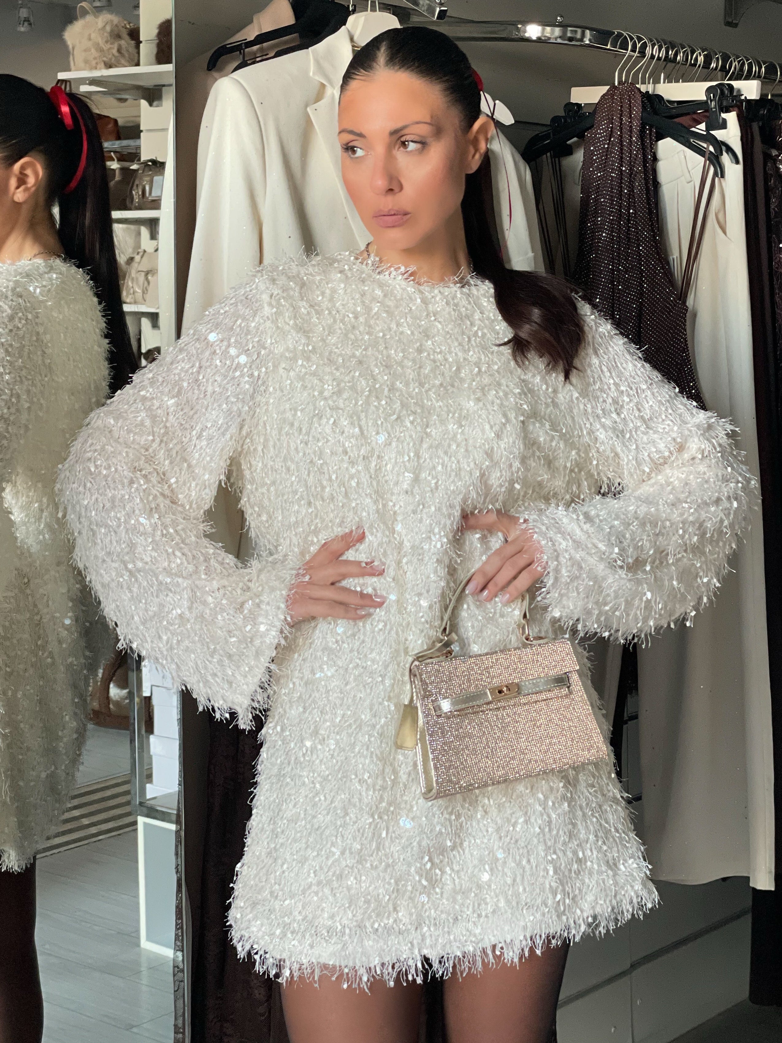 PLUMES mini abito con micro paillettes gold