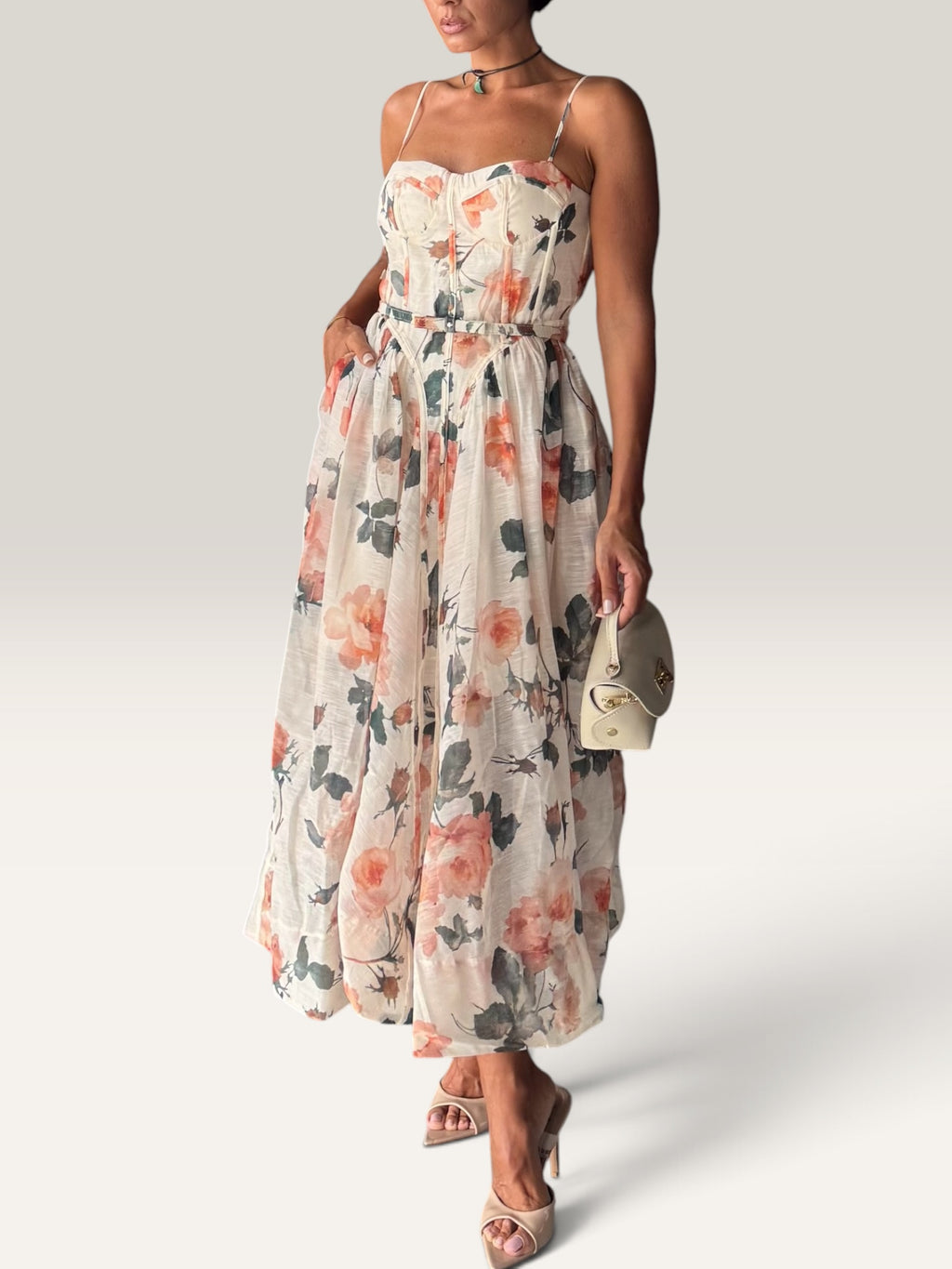 Abito Midi a ruota floreale beige