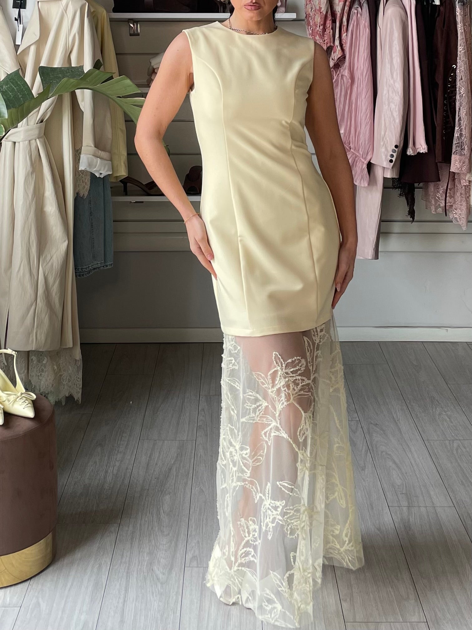 Abito a tubino combinato in pizzo yellow butter Lumina