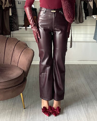 PANTALONE EFFETTO PELLE CON CINTURA WINE RED