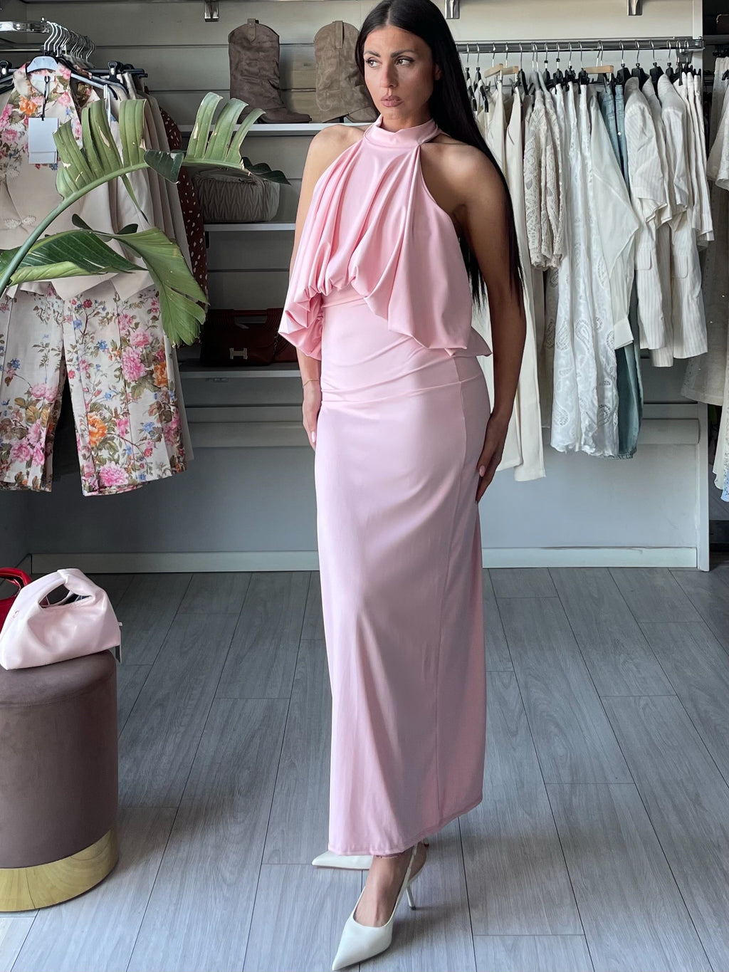 Dress scollo halter rosa petalo