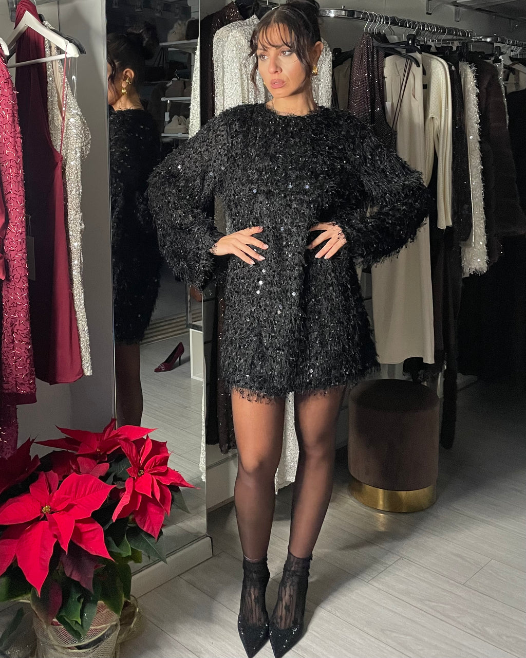 PLUMES mini abito con micro paillettes Nero