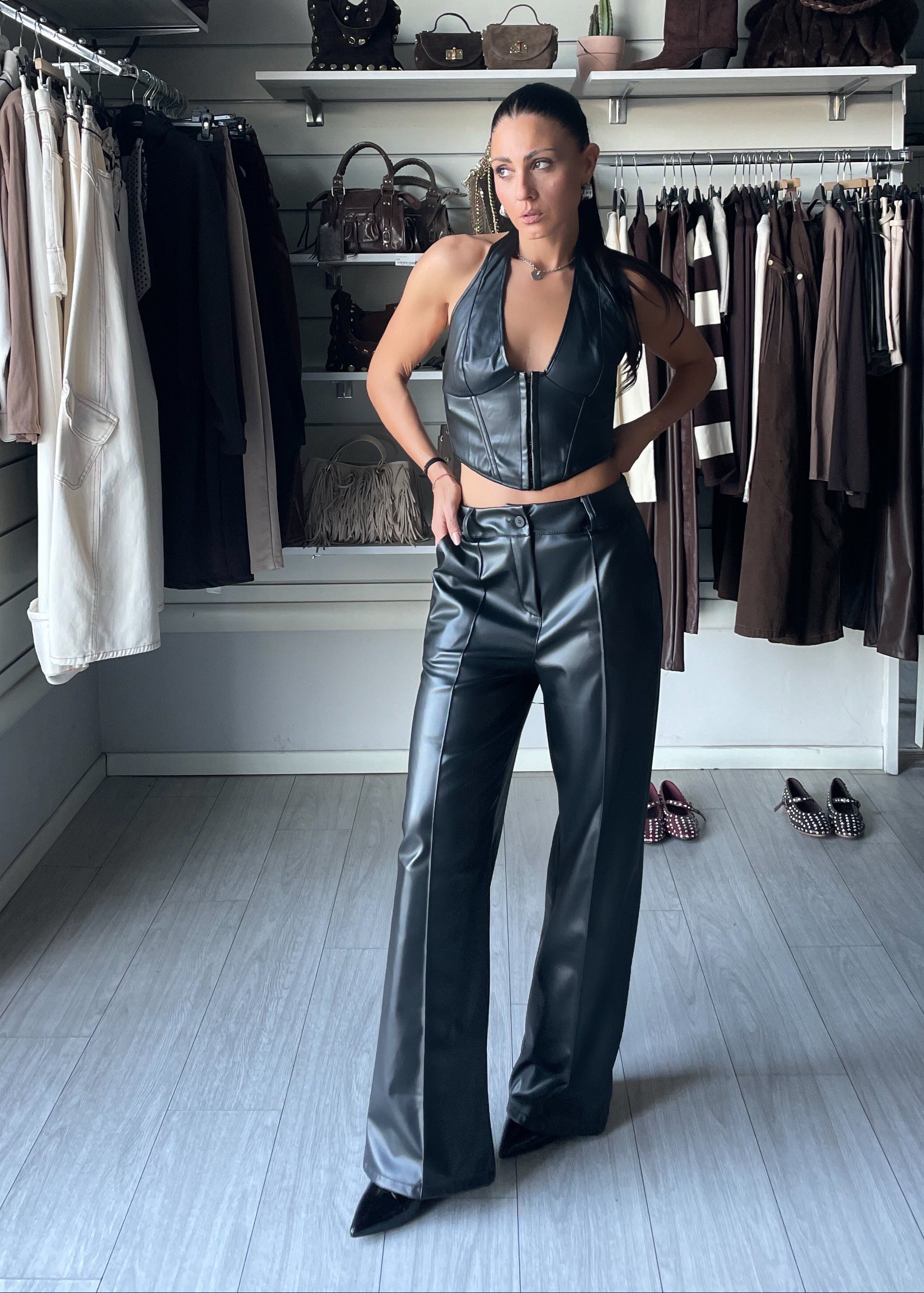 PANTALONE WIDE LEG IN ECOPELLE BLACK