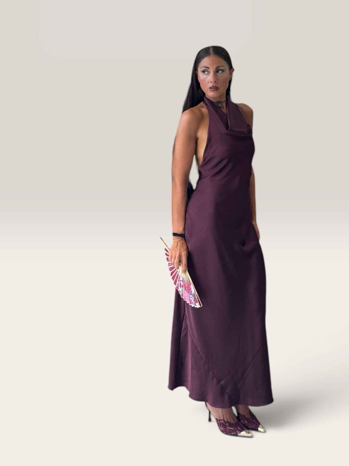 Abito satinato scollo halter Bordeaux