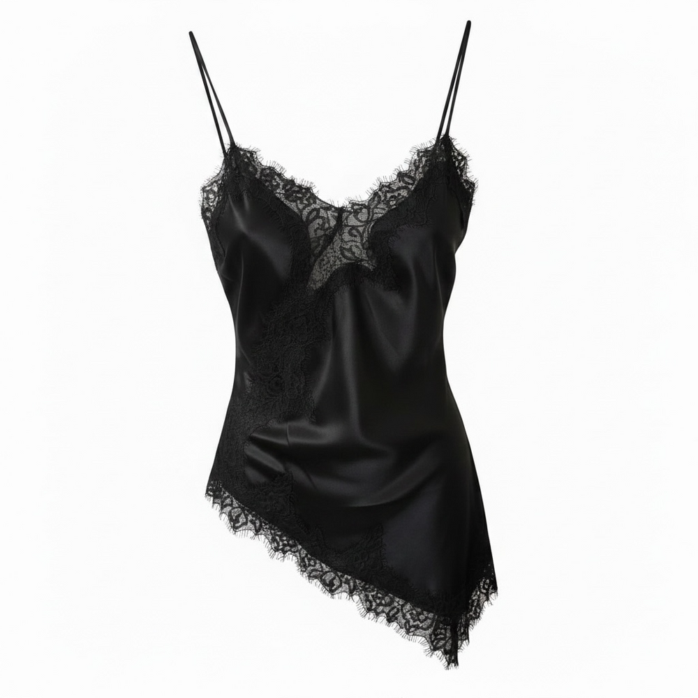 Top in raso con pizzo nero