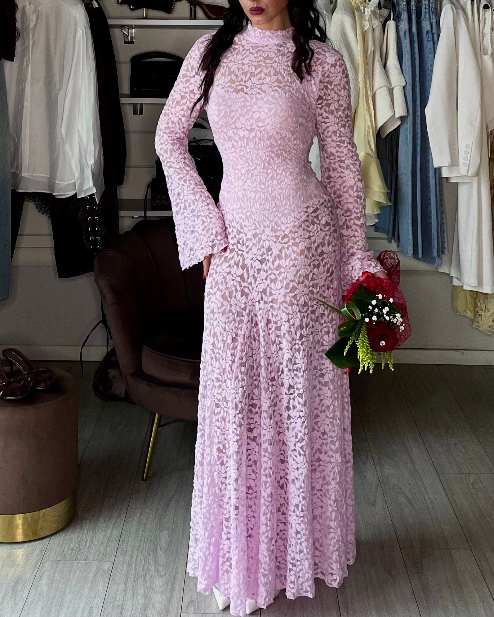 Abito lungo secondskin in pizzo rosa Lumina