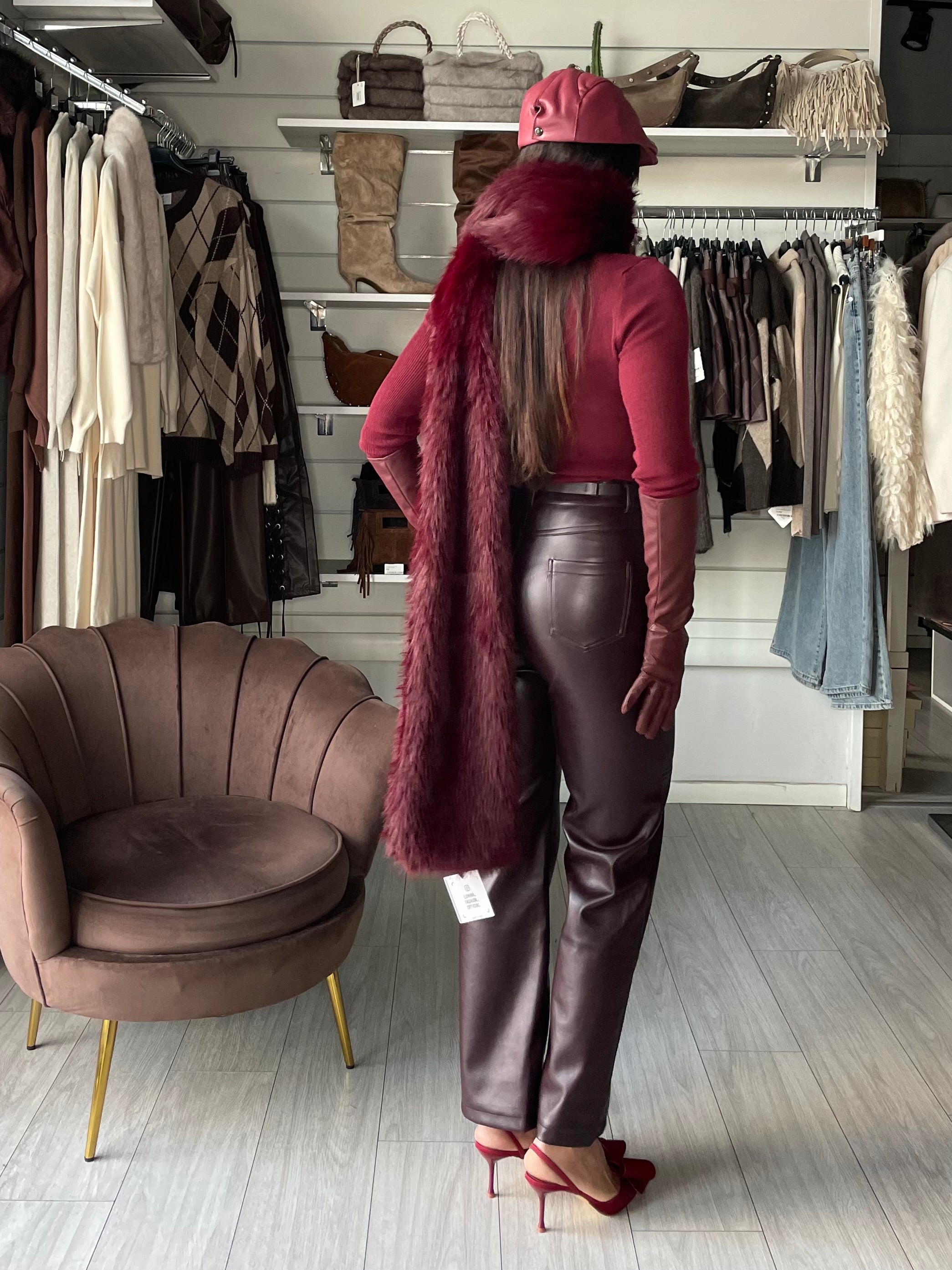 PANTALONE EFFETTO PELLE CON CINTURA WINE RED