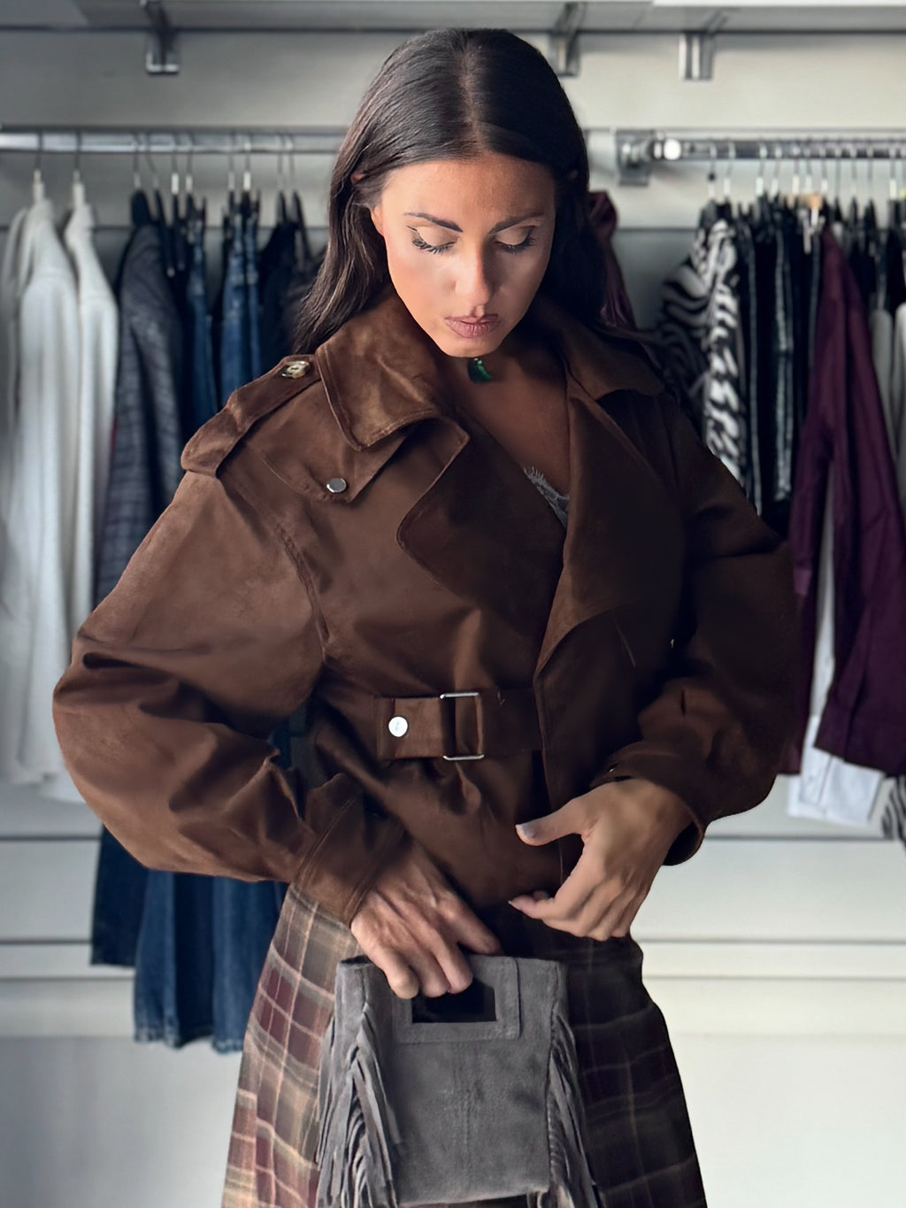 Giacca crop scamosciata Brown