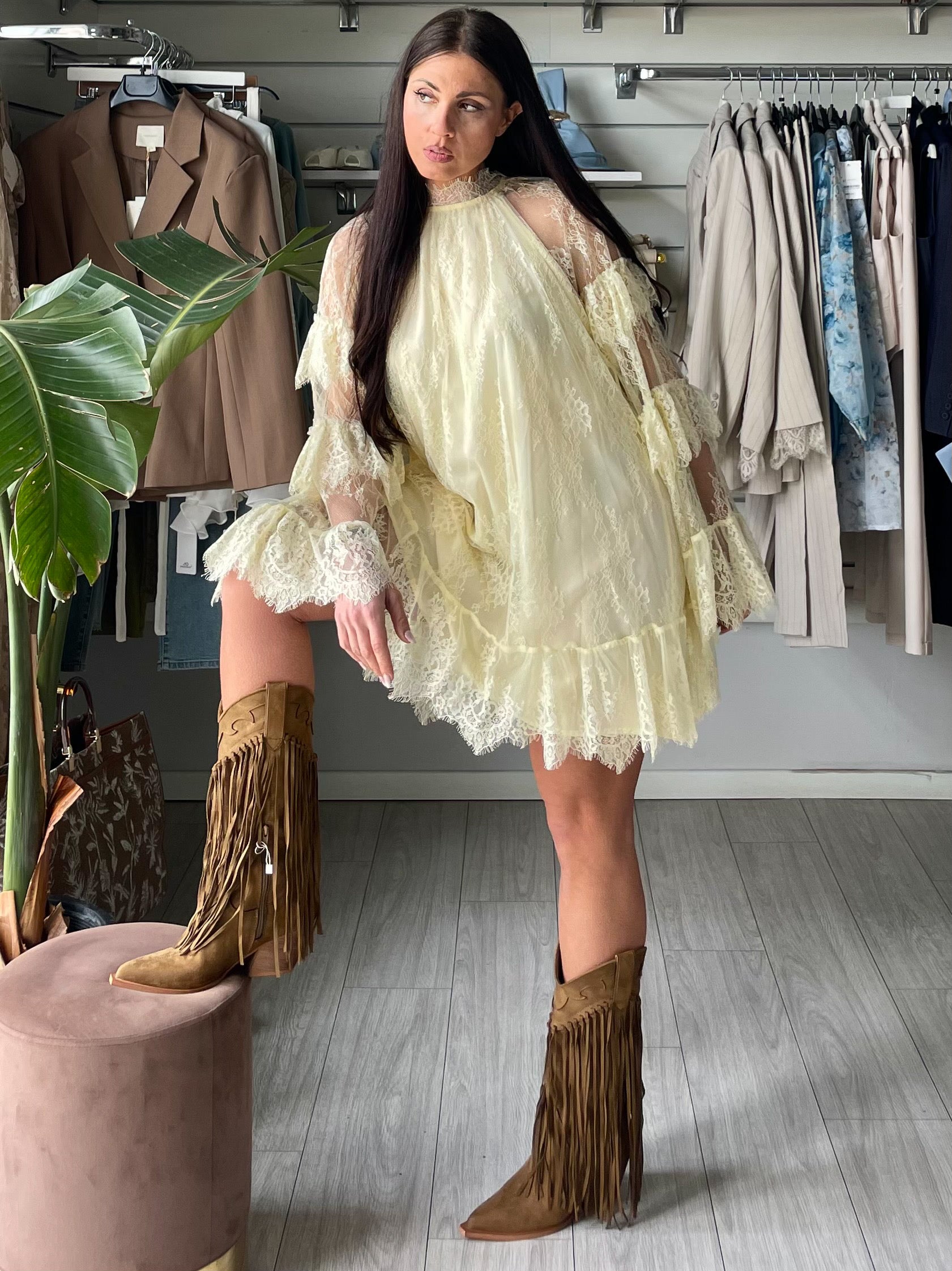 minidress in tulle e pizzo giallo