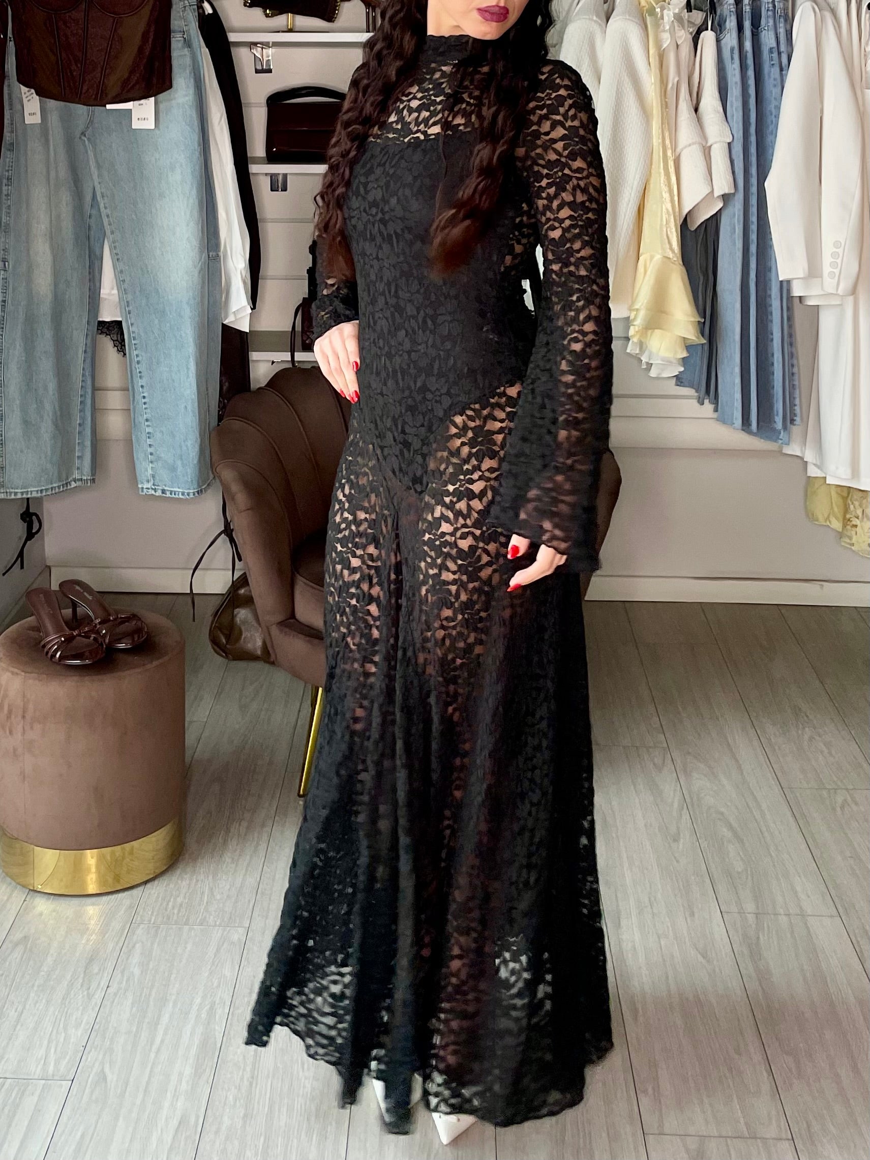 Abito lungo secondskin in pizzo nero Lumina