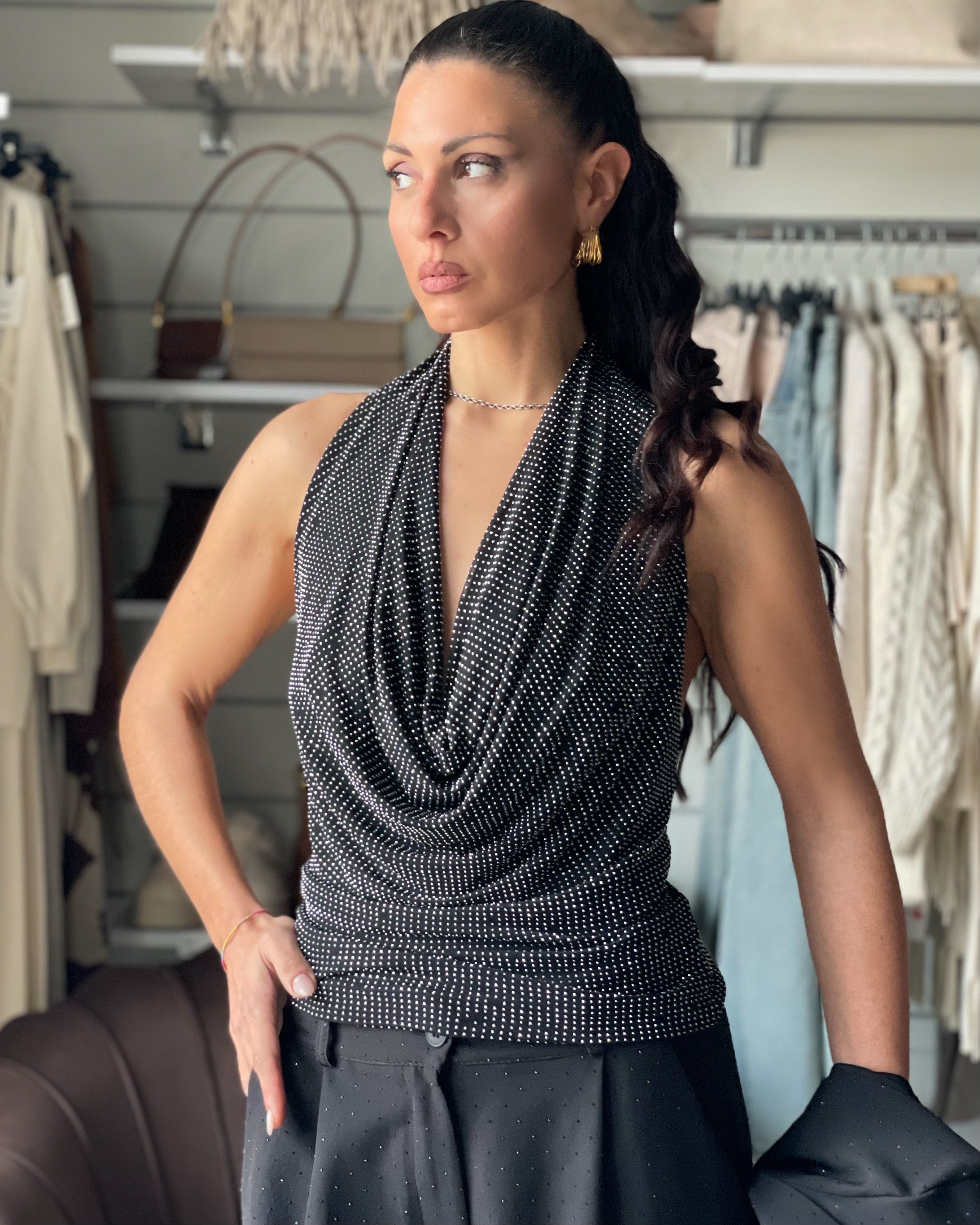 TOP HALTER DIAMOND NERO