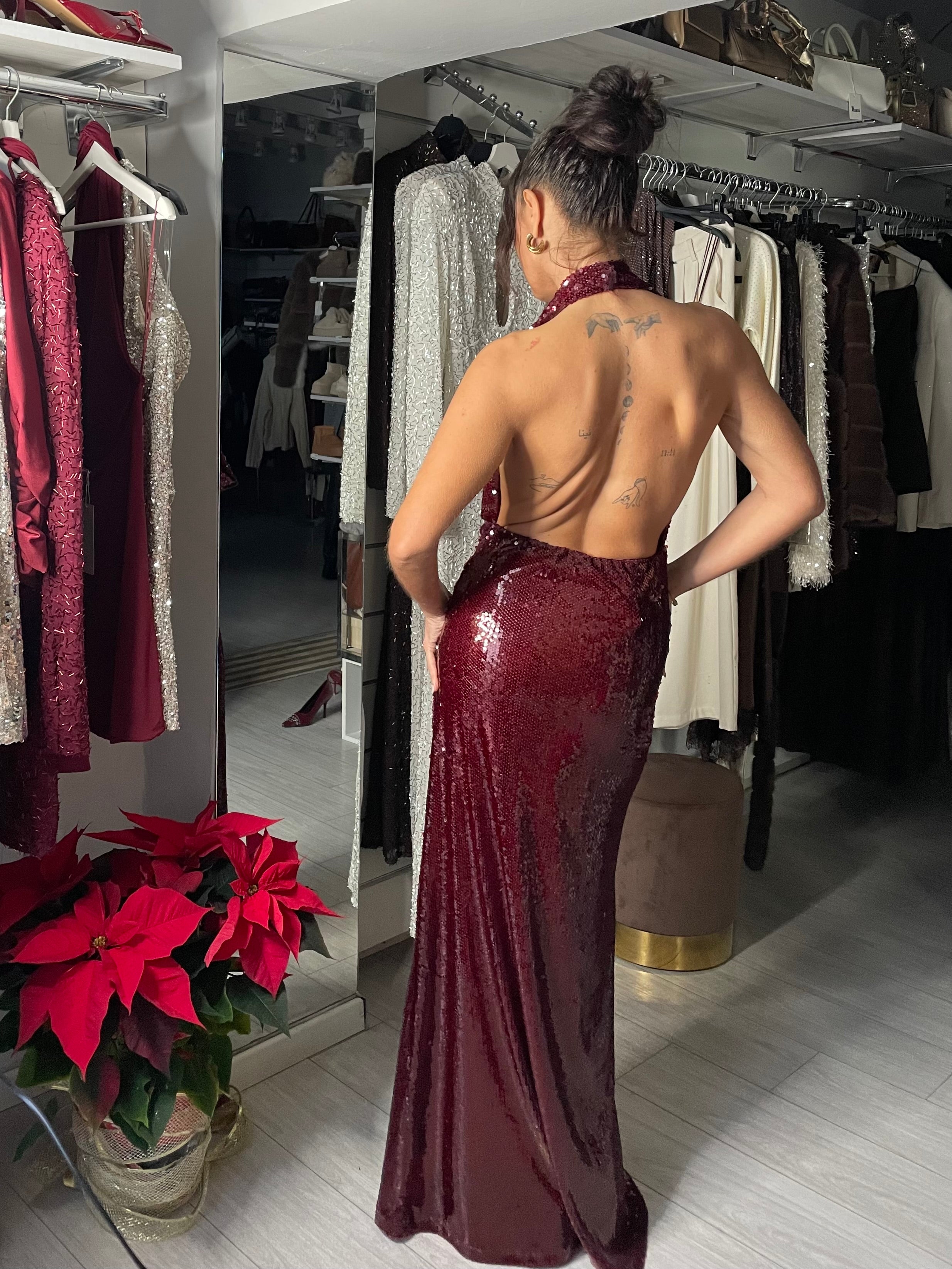 LUMINA ABITO PAILLETTES SCOLLO HALTER BORDEAUX