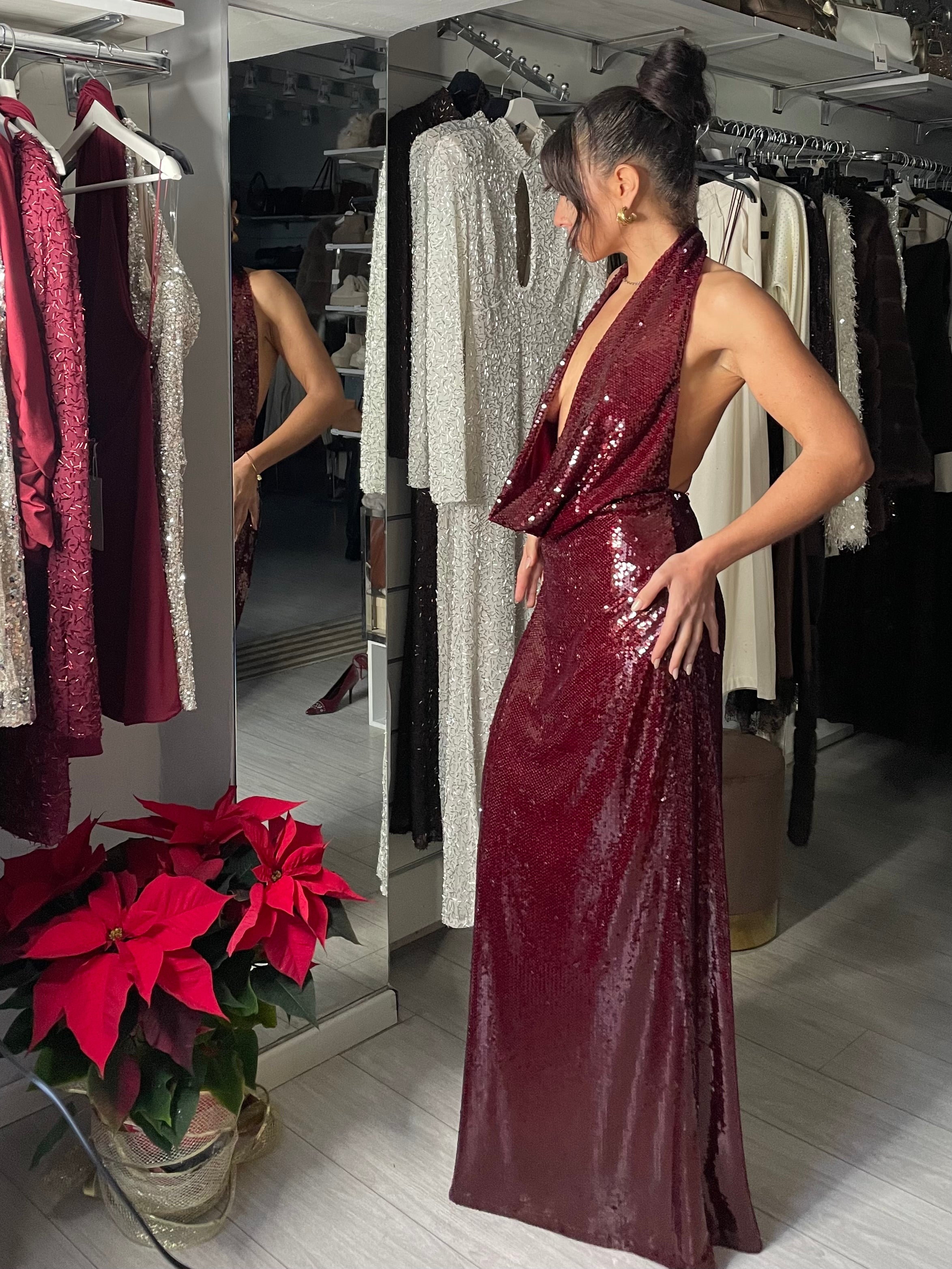 LUMINA ABITO PAILLETTES SCOLLO HALTER BORDEAUX