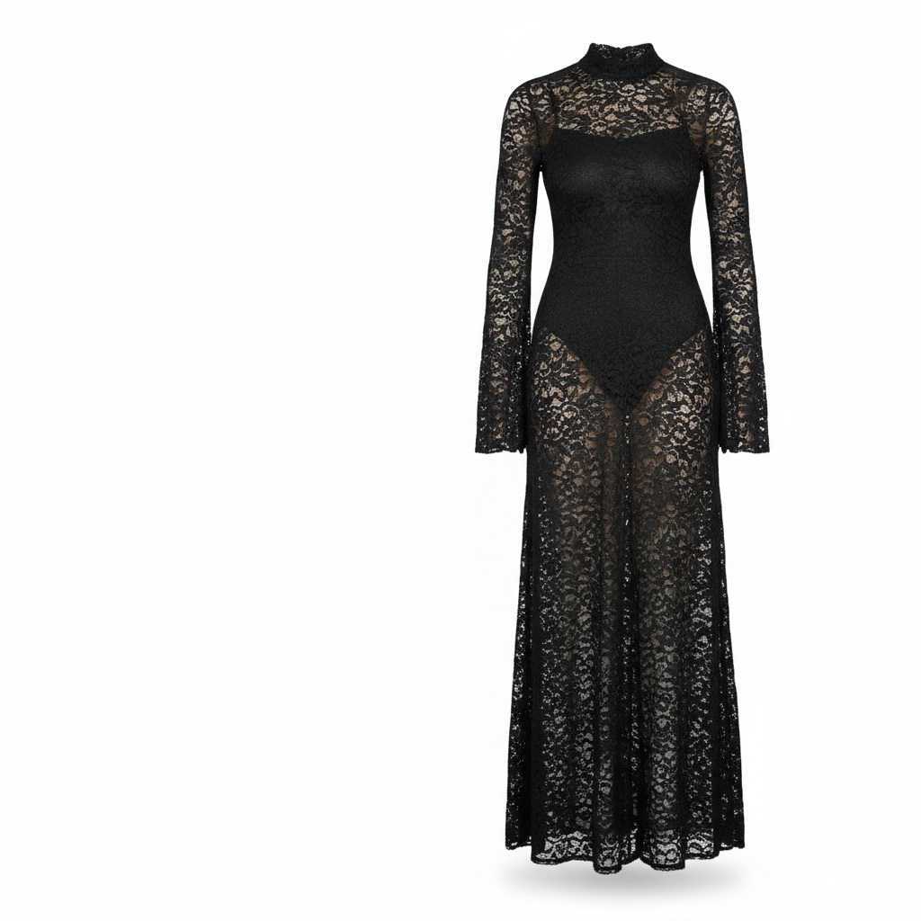 Abito lungo secondskin in pizzo nero Lumina