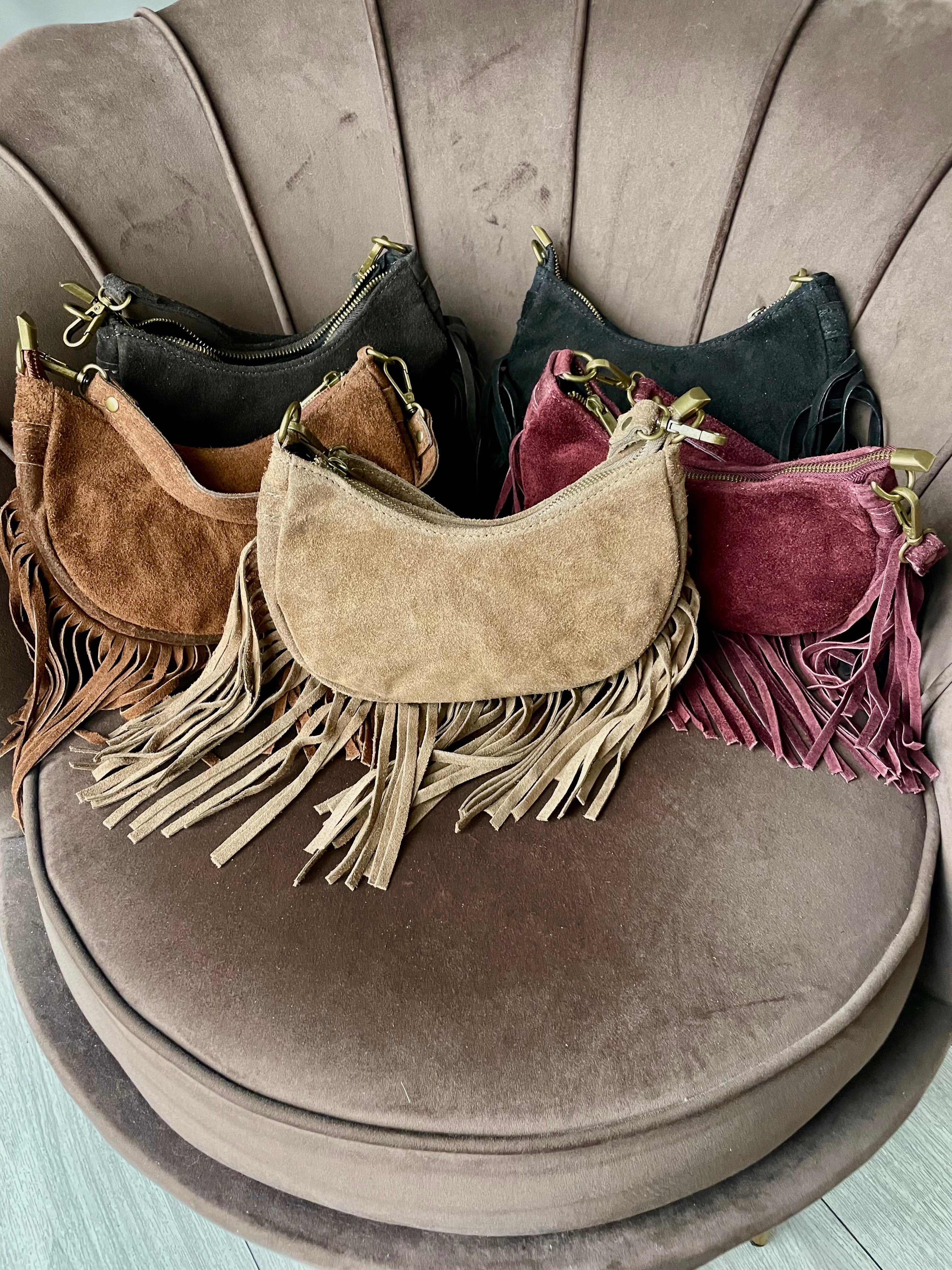 Lunette - BORSA A SPALLA CON FRANGE IN VERA PELLE SCAMOSCIATA