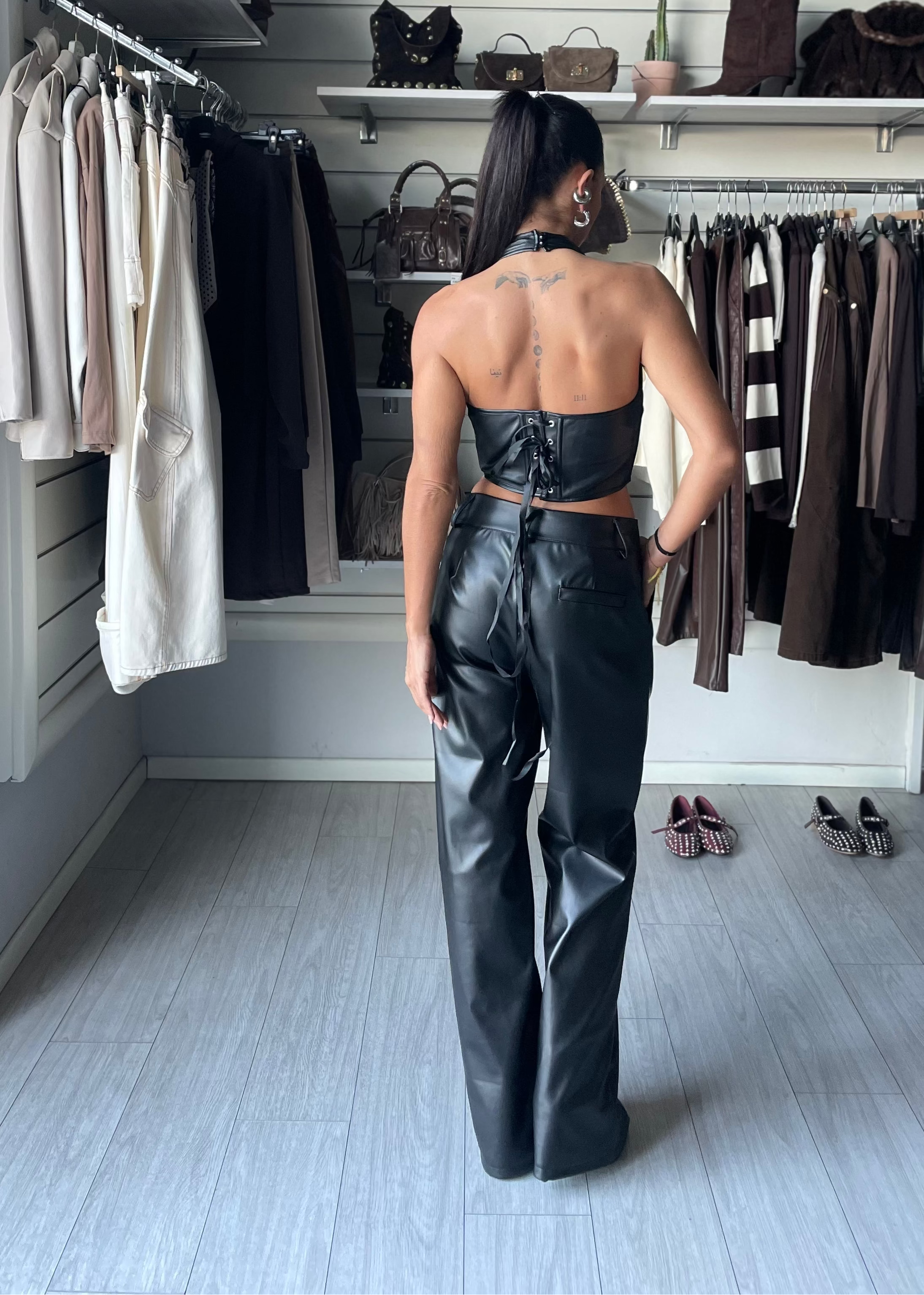 PANTALONE WIDE LEG IN ECOPELLE BLACK