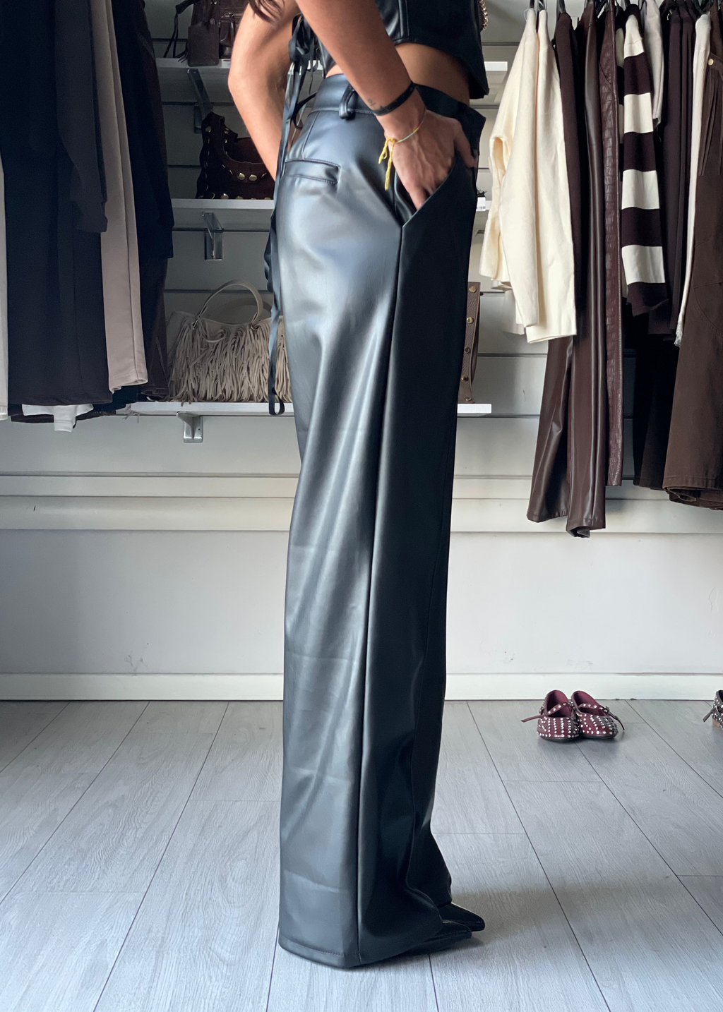 PANTALONE WIDE LEG IN ECOPELLE BLACK