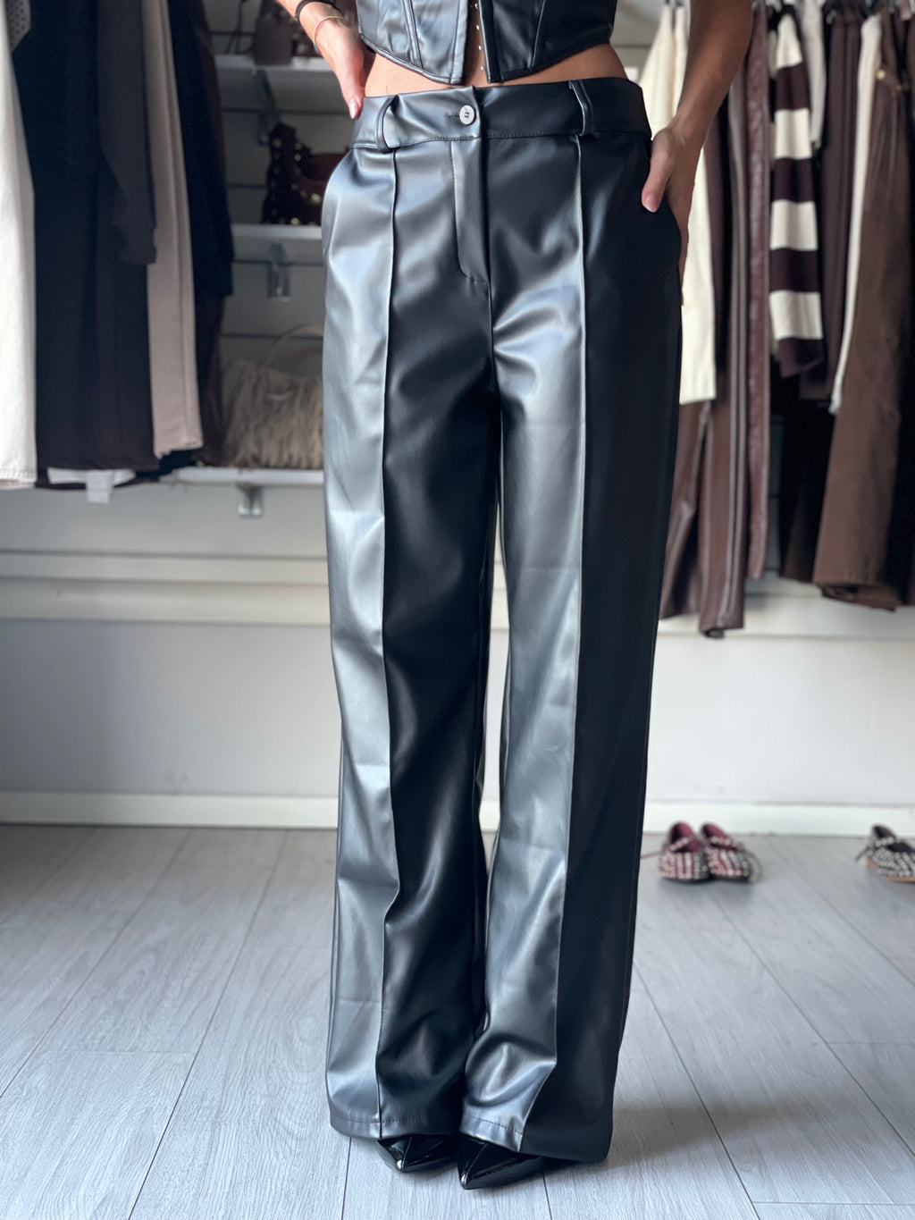 PANTALONE WIDE LEG IN ECOPELLE BLACK